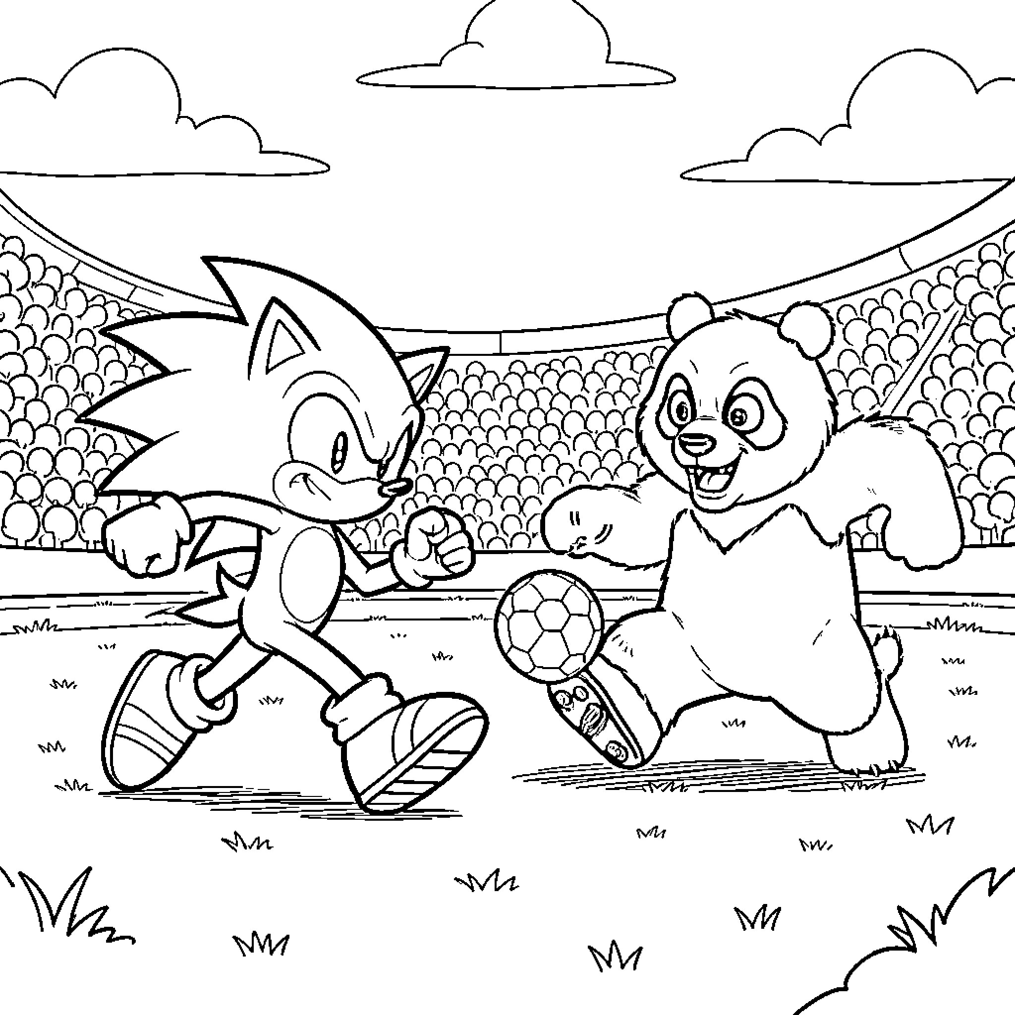 Sonic playing soccer with a panda in a stadium Coloring Page (free black-and-white line drawing printable PDF for all, from beginners to advanced learners, including children, teens, adults, and seniors)