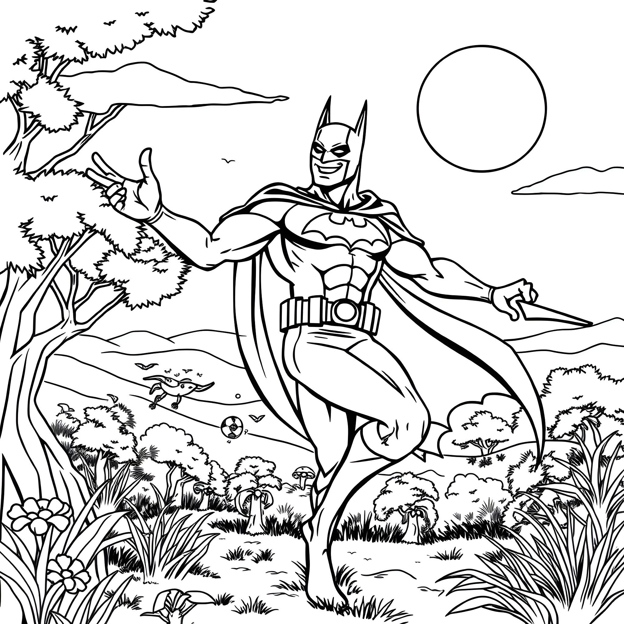 Batman standing heroically in the forest Coloring Page (free black-and-white line drawing printable PDF for all, from beginners to advanced learners, including children, teens, adults, and seniors)