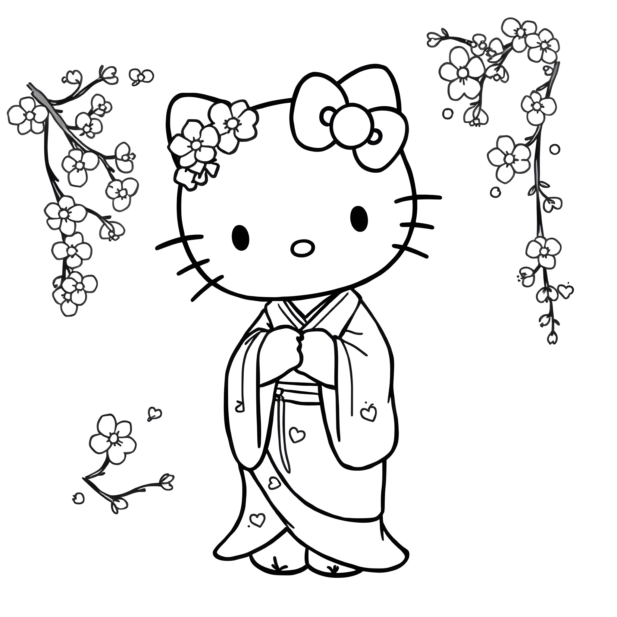 Hello Kitty in Kimono with Floral Decorations Coloring Page (free black-and-white line drawing printable PDF for all, from beginners to advanced learners, including children, teens, adults, and seniors)