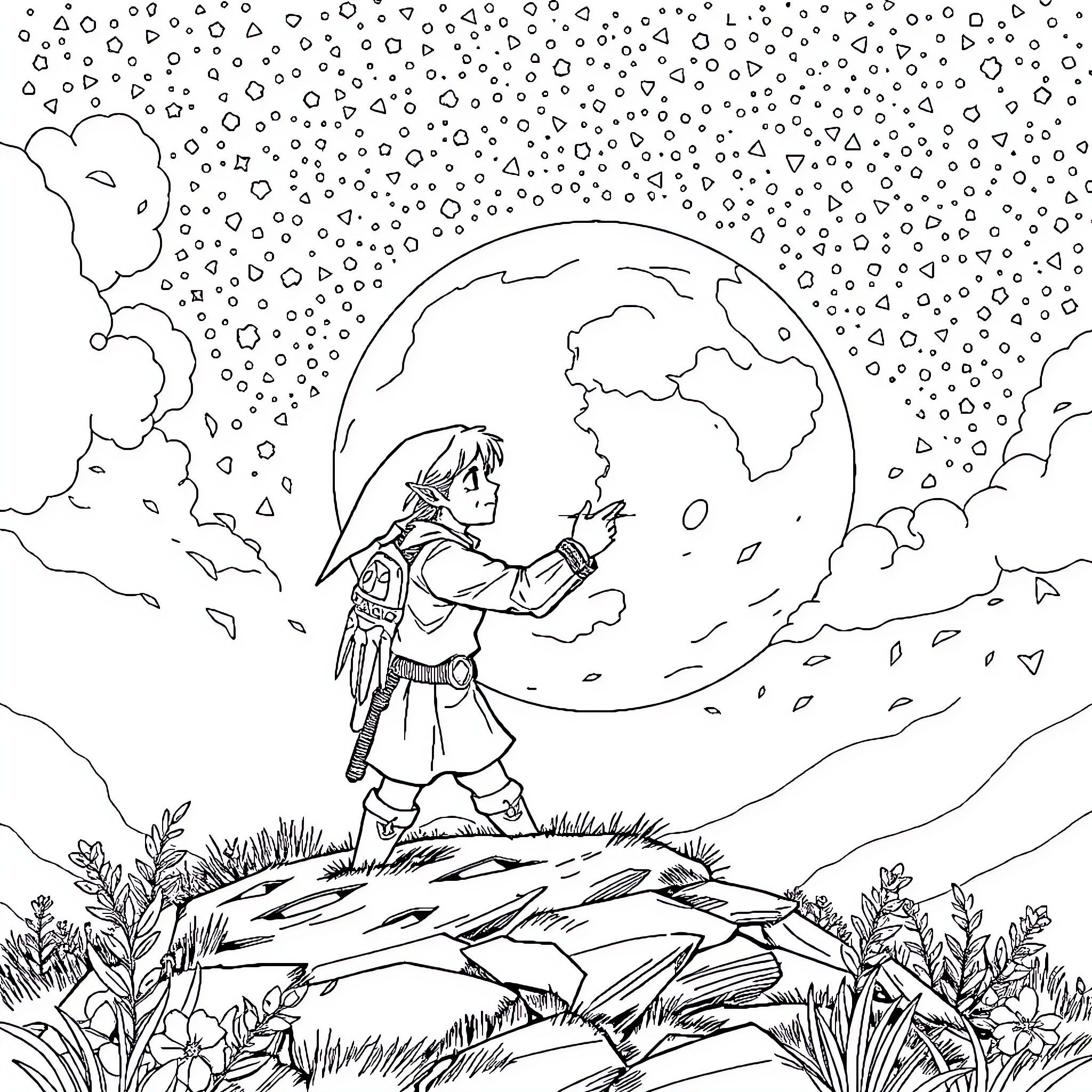 Zelda Adventuring Under the Moonlight Coloring Page (free black-and-white line drawing printable PDF for all, from beginners to advanced learners, including children, teens, adults, and seniors)