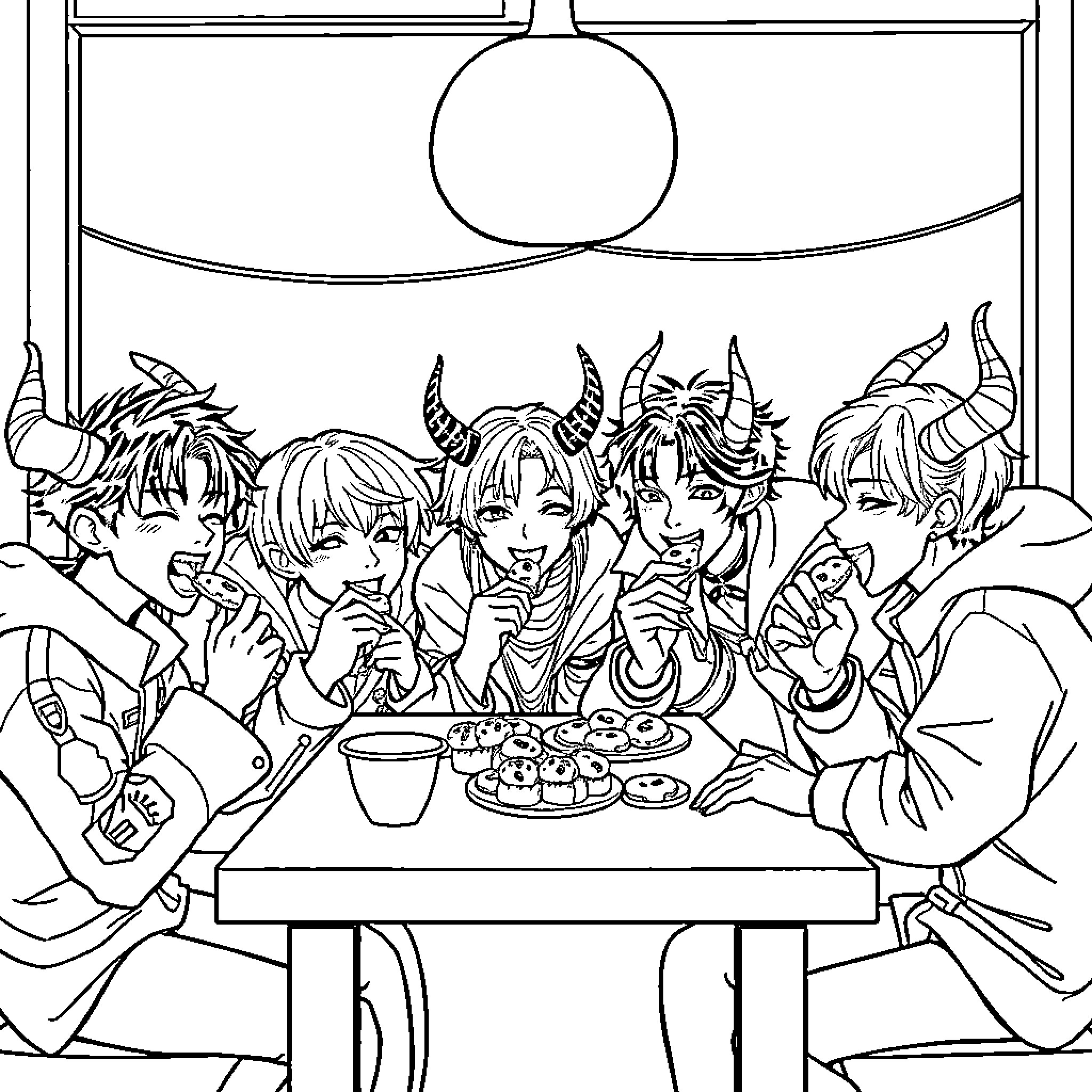 Demon Hunters Enjoying a Meal Together Coloring Page (free black-and-white line drawing printable PDF for all, from beginners to advanced learners, including children, teens, adults, and seniors)
