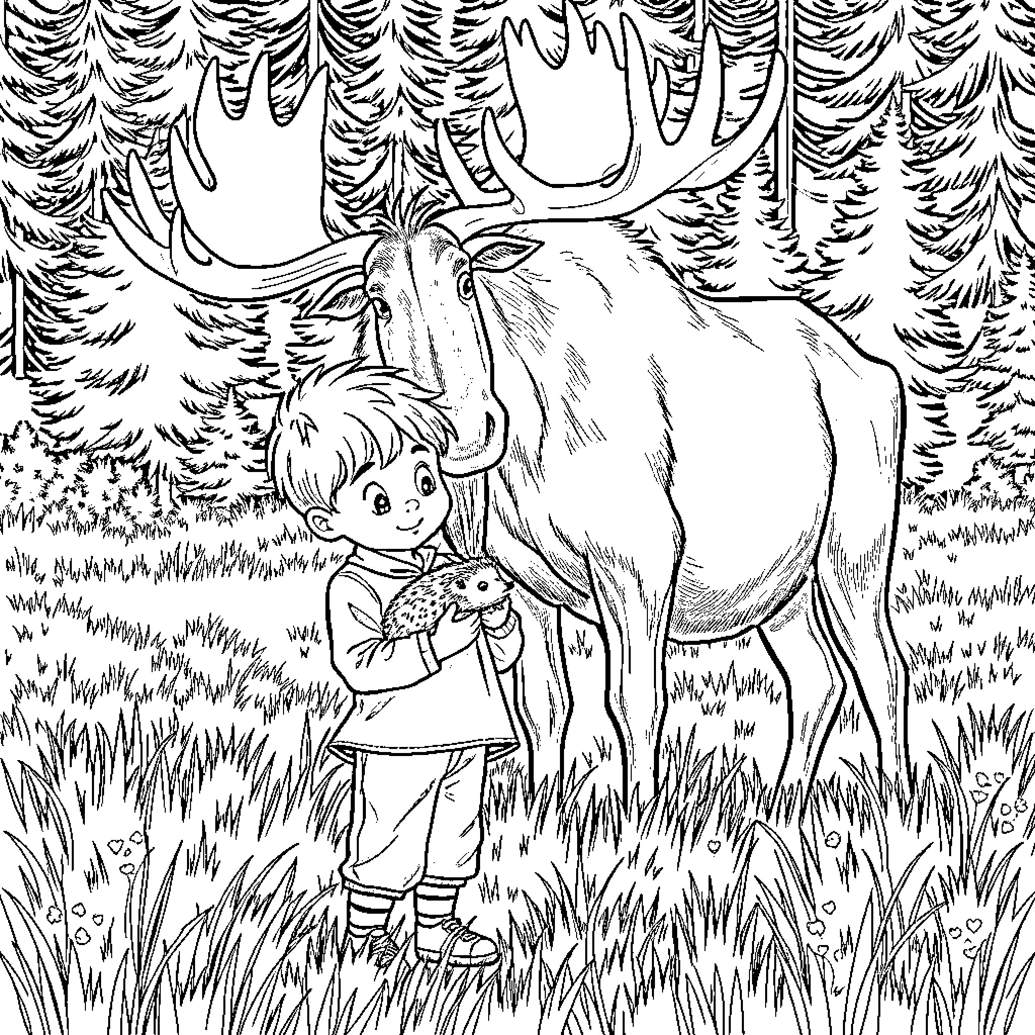 Boy interacting with a majestic moose in the forest Coloring Page (free black-and-white line drawing printable PDF for all, from beginners to advanced learners, including children, teens, adults, and seniors)