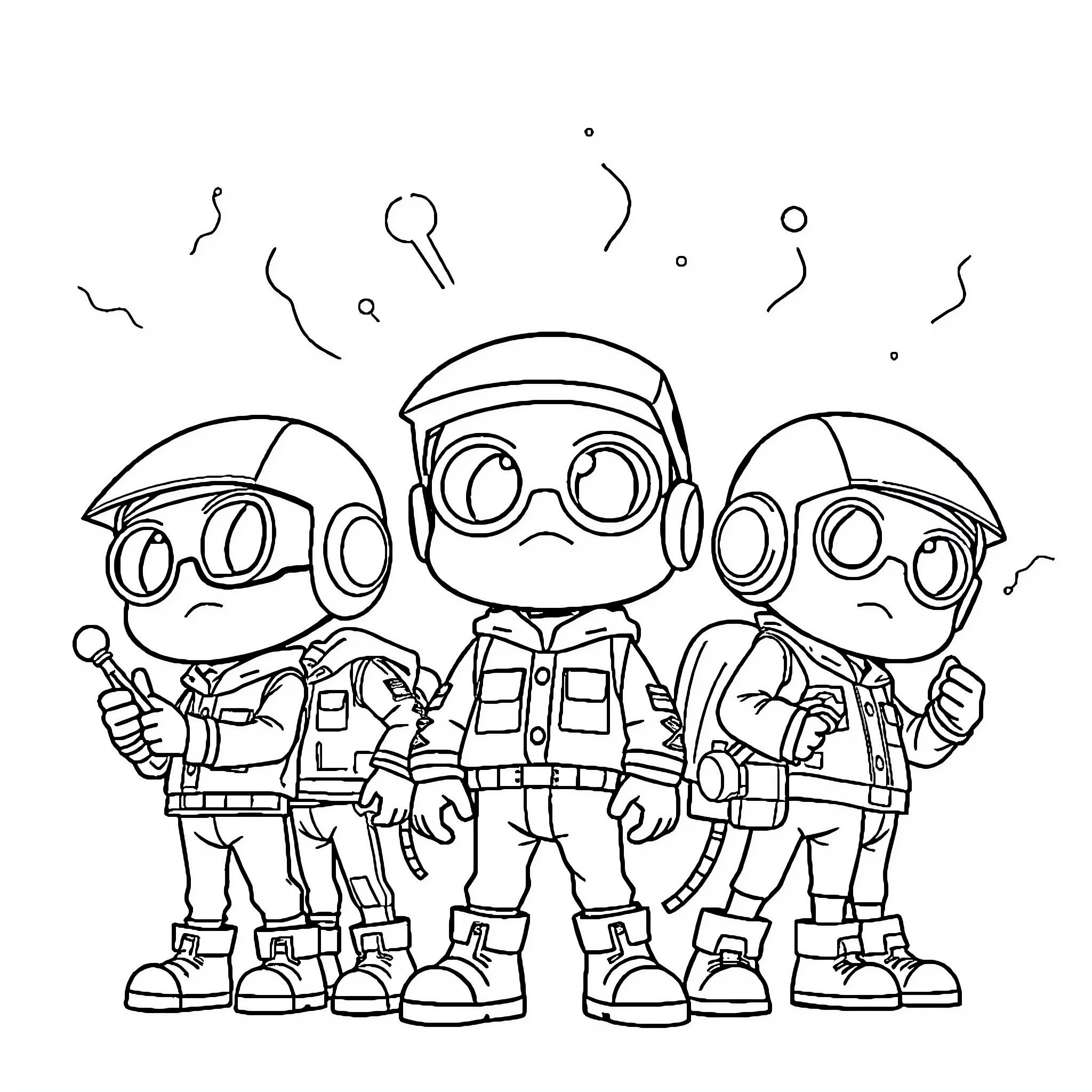BT21 Astronauts in Spacesuit Gear Coloring Page (free black-and-white line drawing printable PDF for all, from beginners to advanced learners, including children, teens, adults, and seniors)