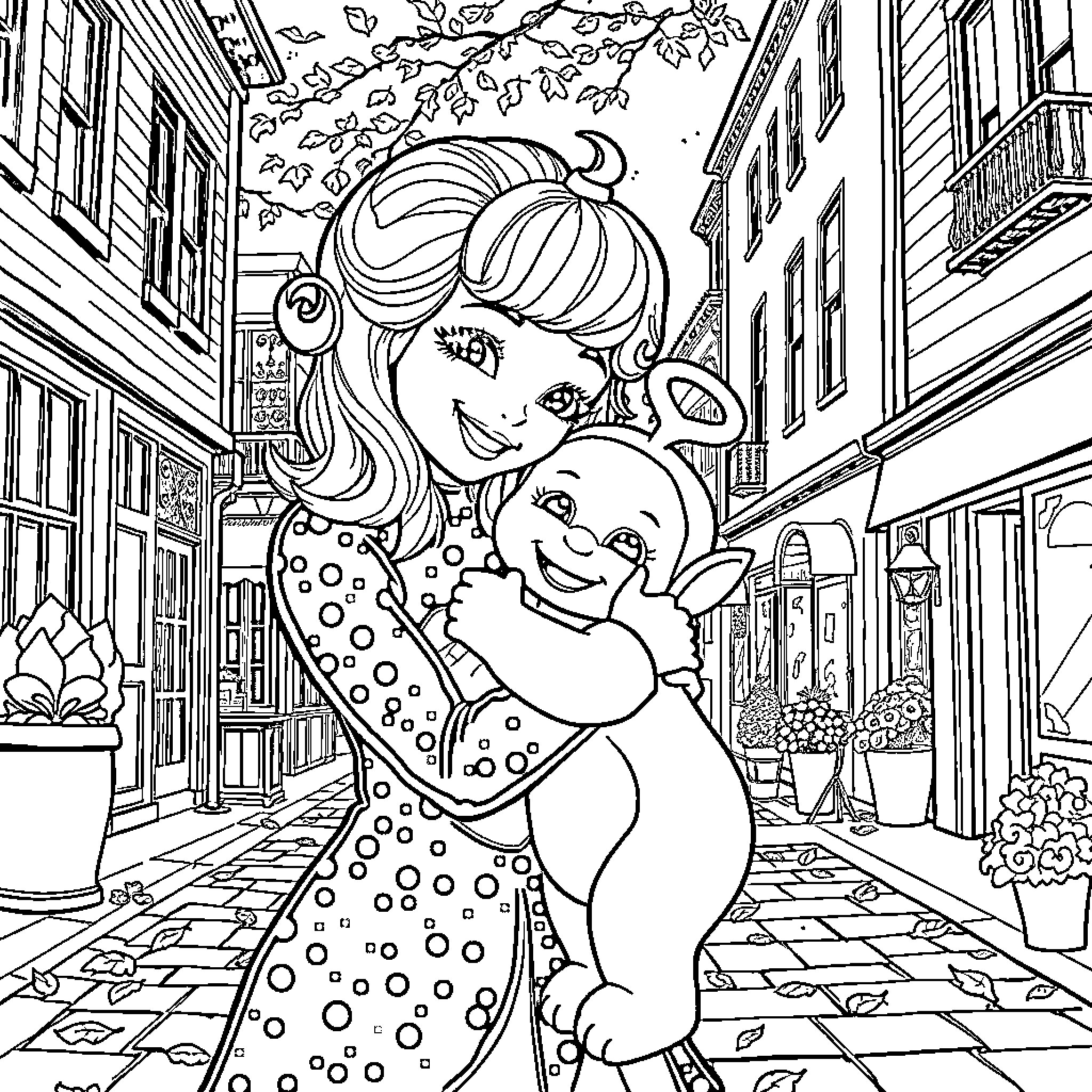 Trixie Mattel hugging a colorful companion on a city street Coloring Page (free black-and-white line drawing printable PDF for all, from beginners to advanced learners, including children, teens, adults, and seniors)