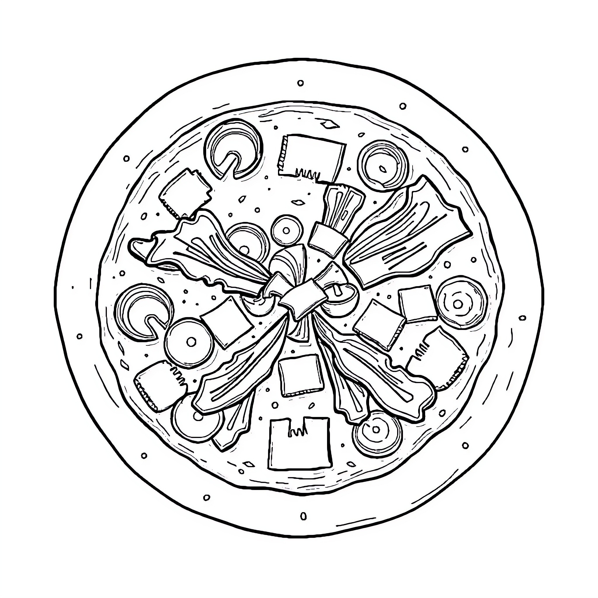 Pizza with Playful Abstract Designs Coloring Page (free black-and-white line drawing printable PDF for all, from beginners to advanced learners, including children, teens, adults, and seniors)