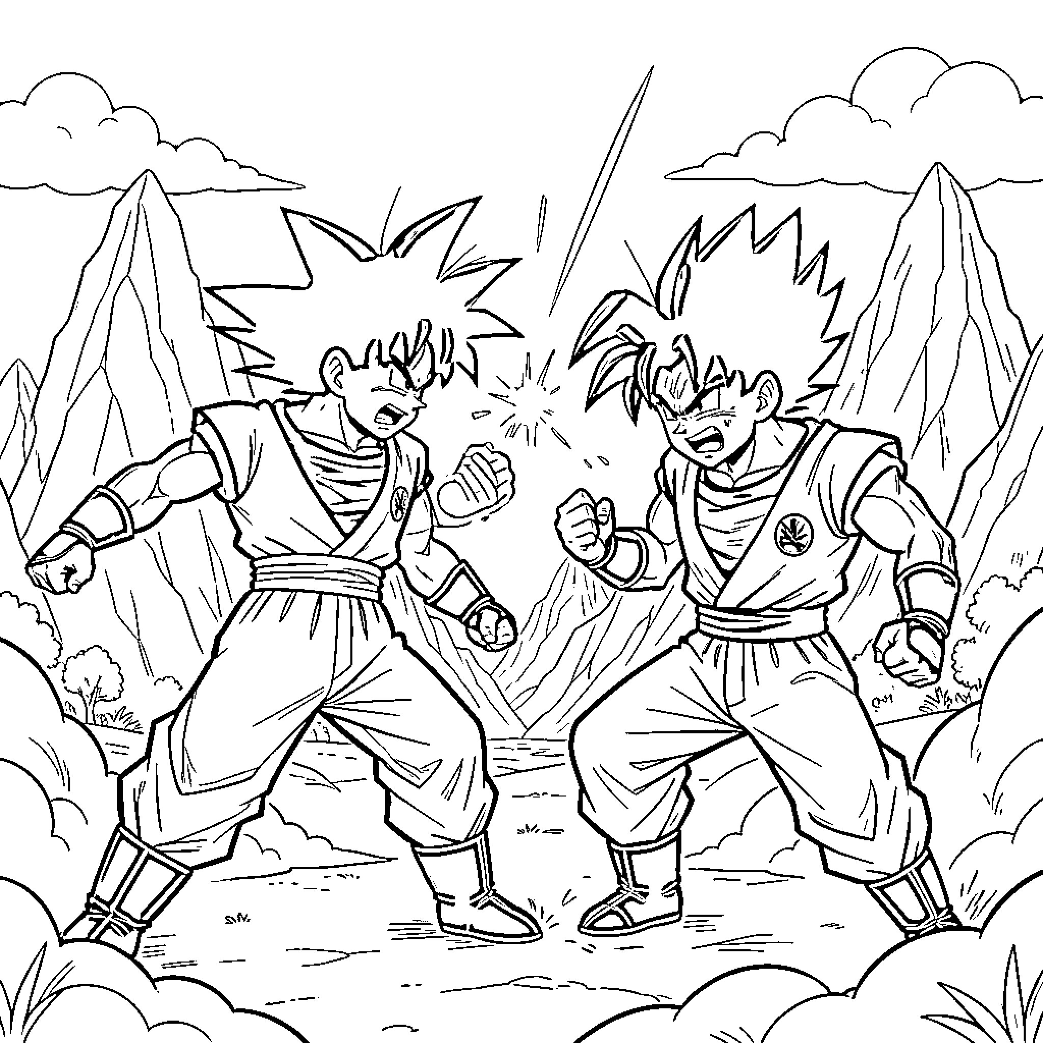 Goku and Vegeta's Intense Battle in the Mountains Coloring Page (free black-and-white line drawing printable PDF for all, from beginners to advanced learners, including children, teens, adults, and seniors)