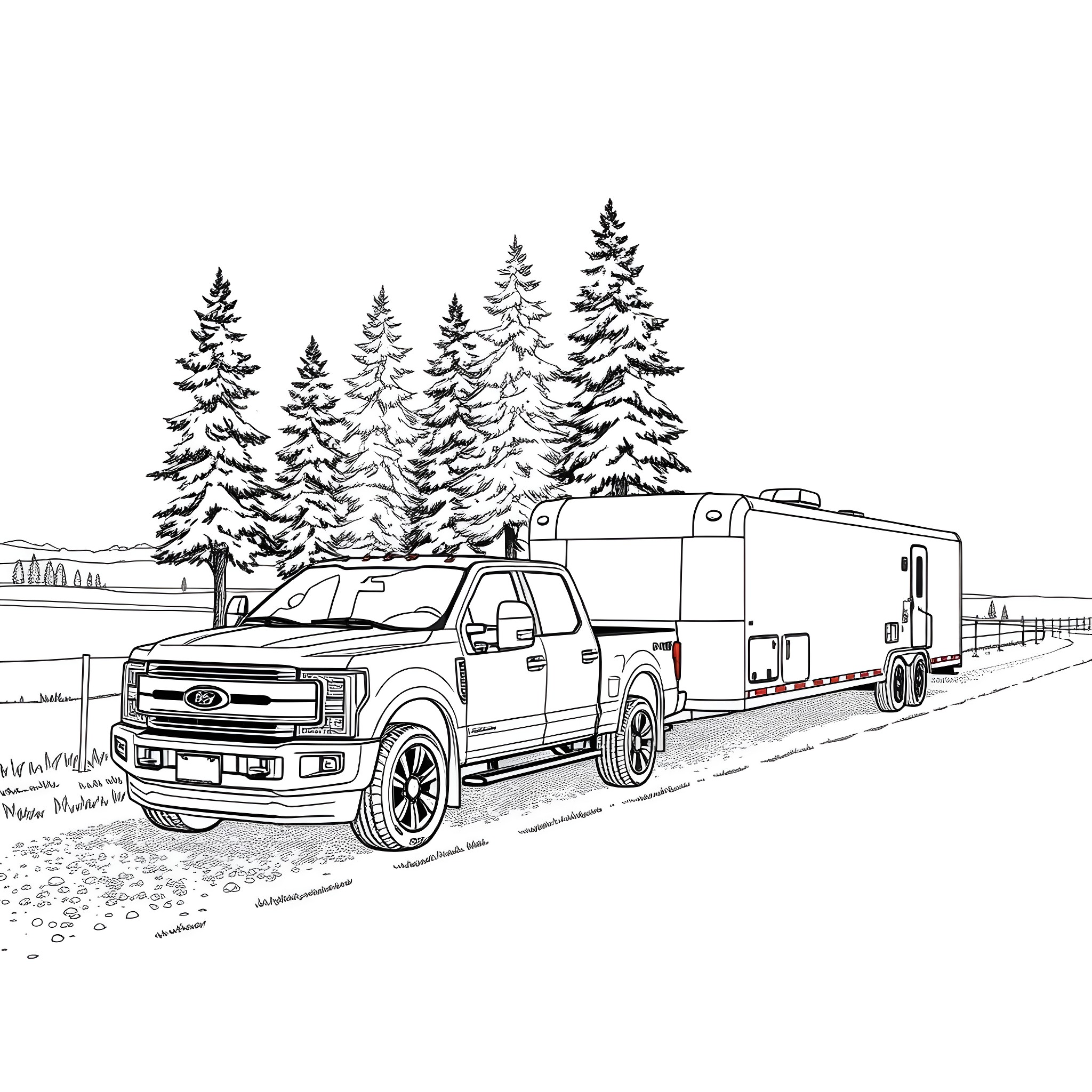Pickup truck and trailer on snowy forest road Coloring Page (free black-and-white line drawing printable PDF for all, from beginners to advanced learners, including children, teens, adults, and seniors)