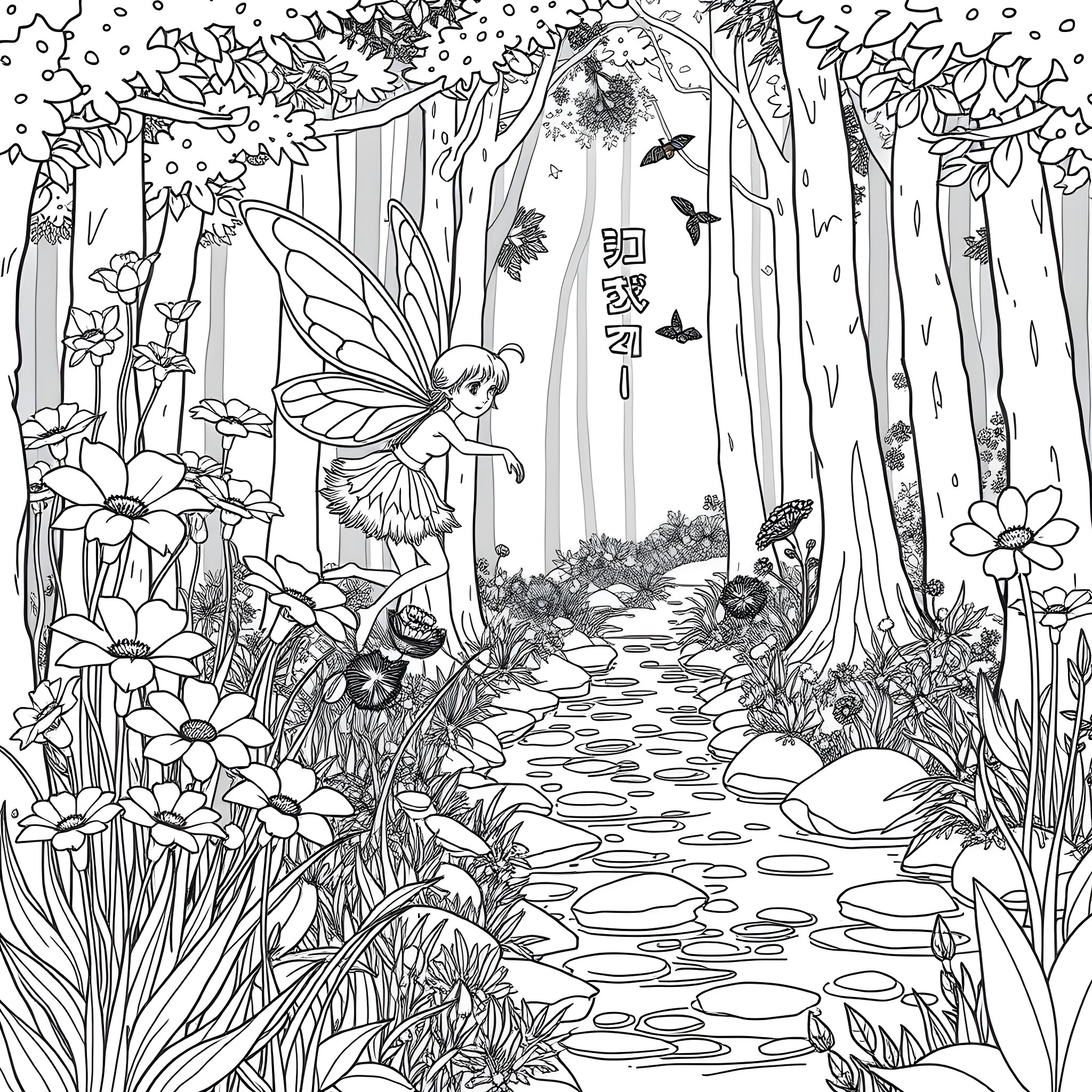 Tinkerbell exploring the magical forest Coloring Page (free black-and-white line drawing printable PDF for all, from beginners to advanced learners, including children, teens, adults, and seniors)