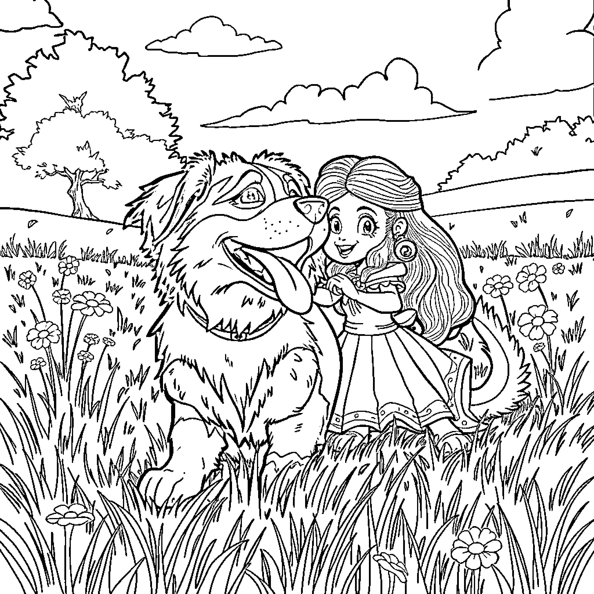 Dog and girl exploring nature together Coloring Page (free black-and-white line drawing printable PDF for all, from beginners to advanced learners, including children, teens, adults, and seniors)