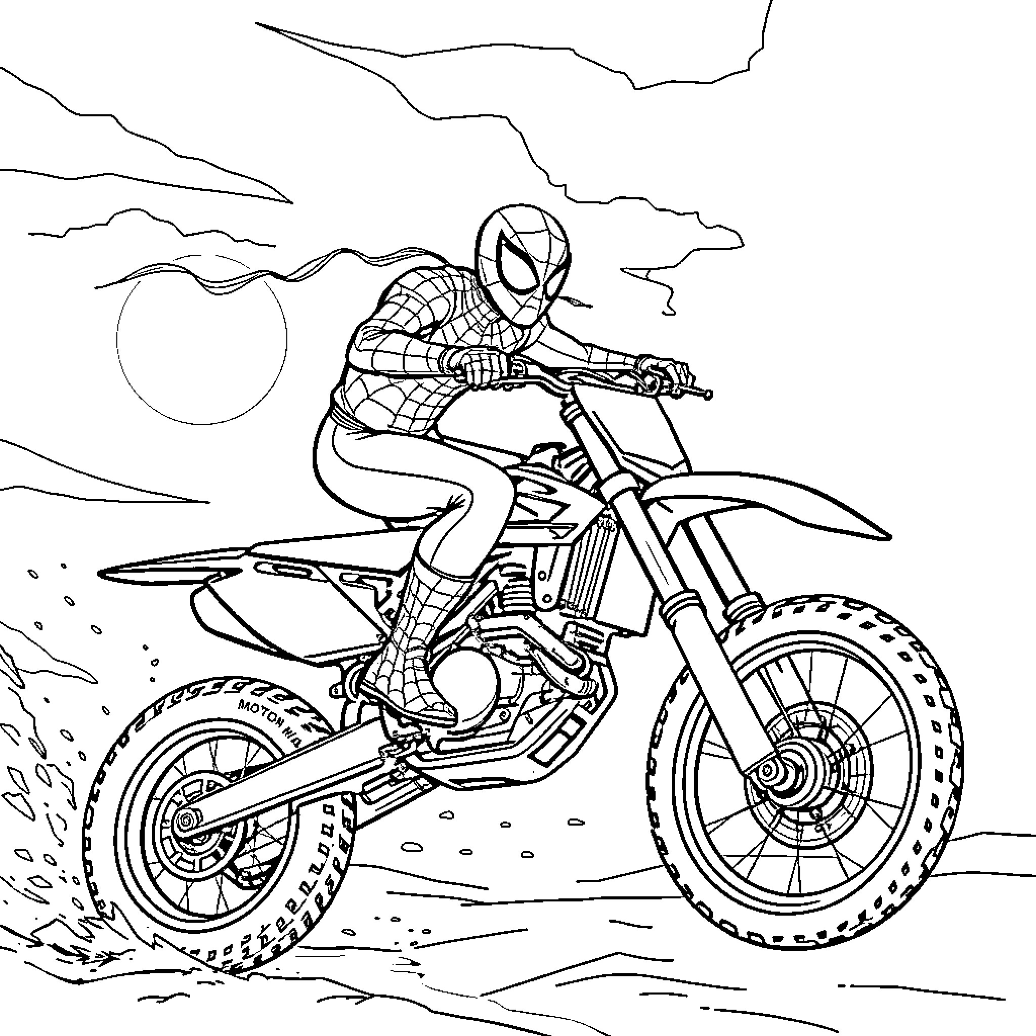 Spider-Man riding a dirt bike through the desert Coloring Page (free black-and-white line drawing printable PDF for all, from beginners to advanced learners, including children, teens, adults, and seniors)
