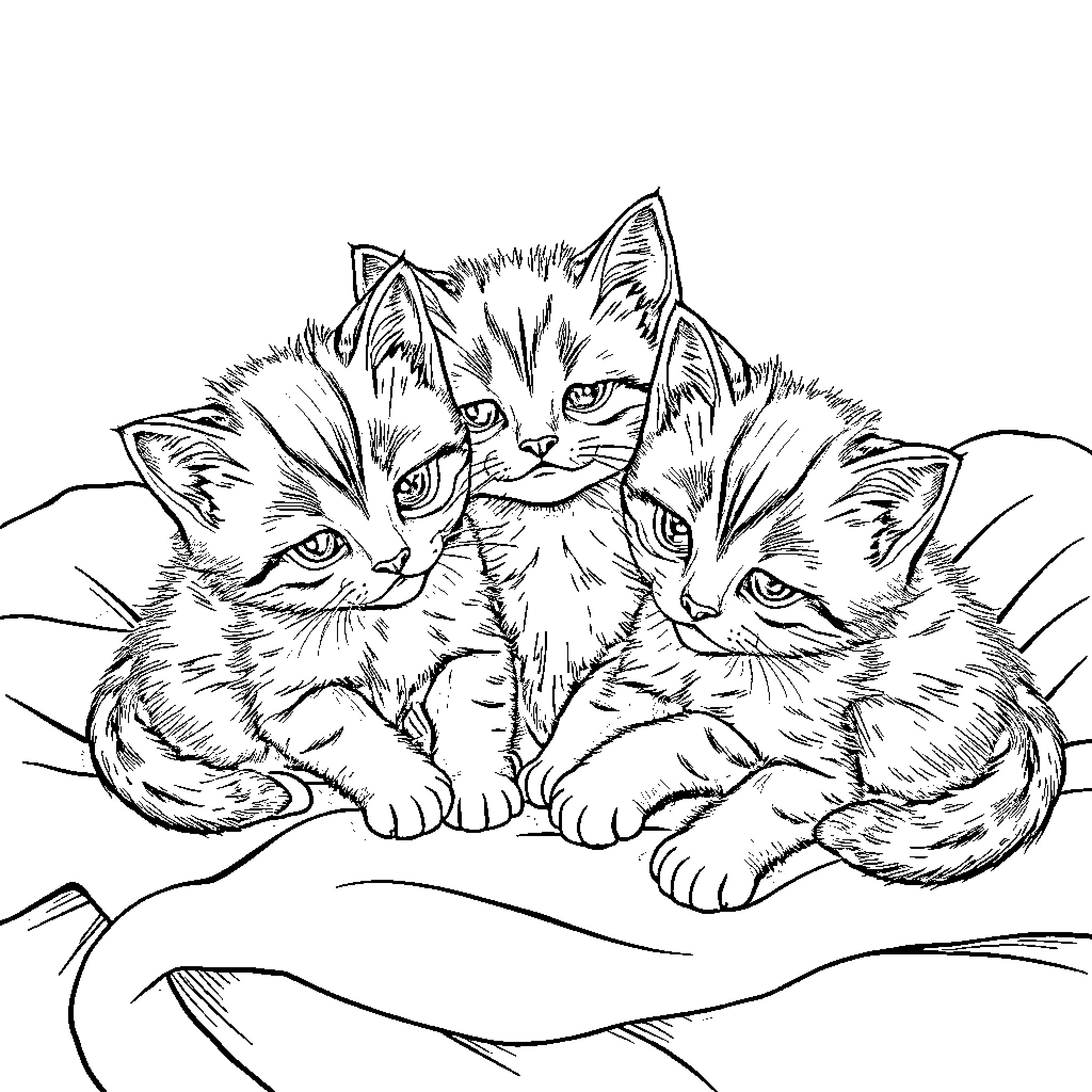 Kittens snuggling together on a cozy bed Coloring Page (free black-and-white line drawing printable PDF for all, from beginners to advanced learners, including children, teens, adults, and seniors)