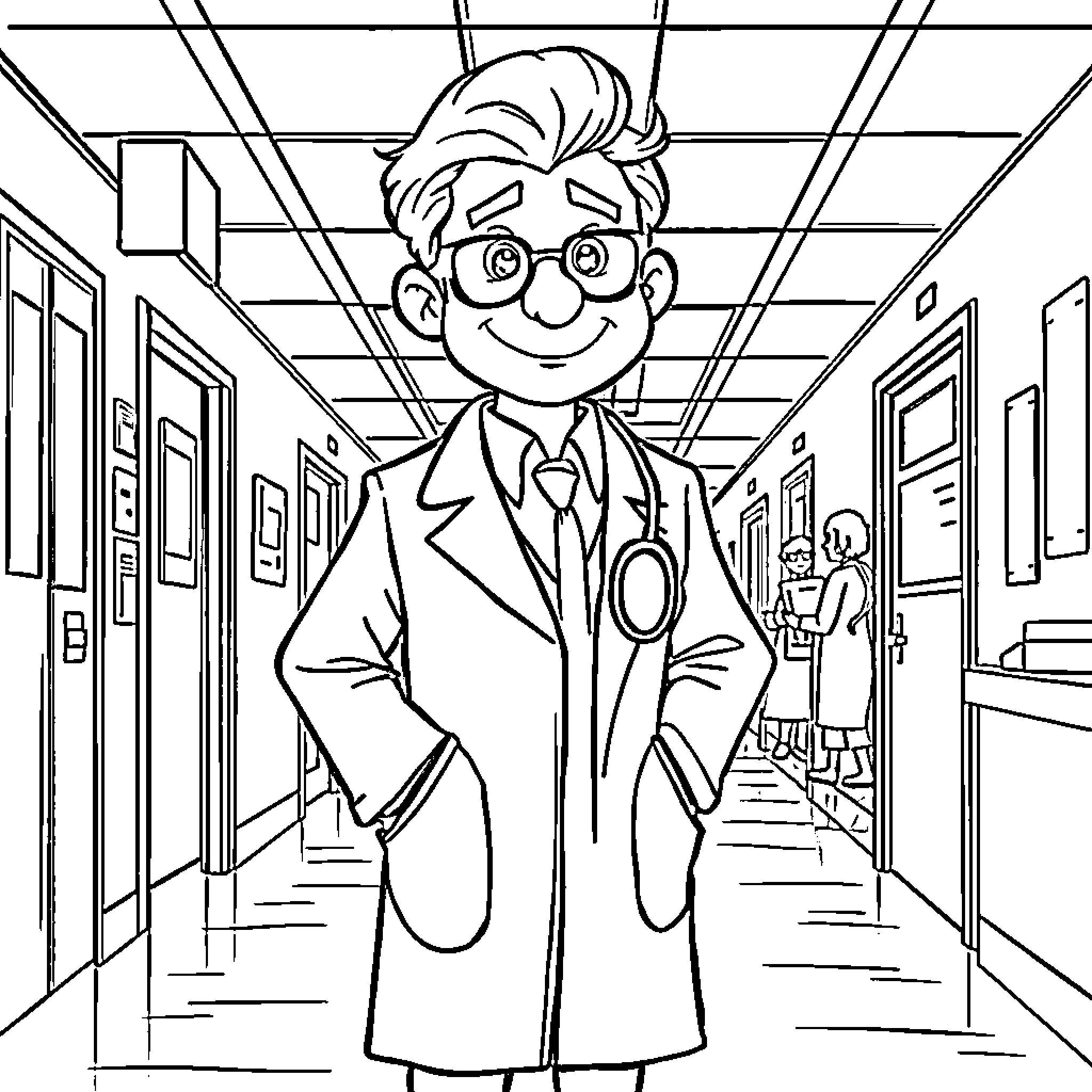 Dr. E's Cheerful Presence in the Hospital Halls Coloring Page (free black-and-white line drawing printable PDF for all, from beginners to advanced learners, including children, teens, adults, and seniors)