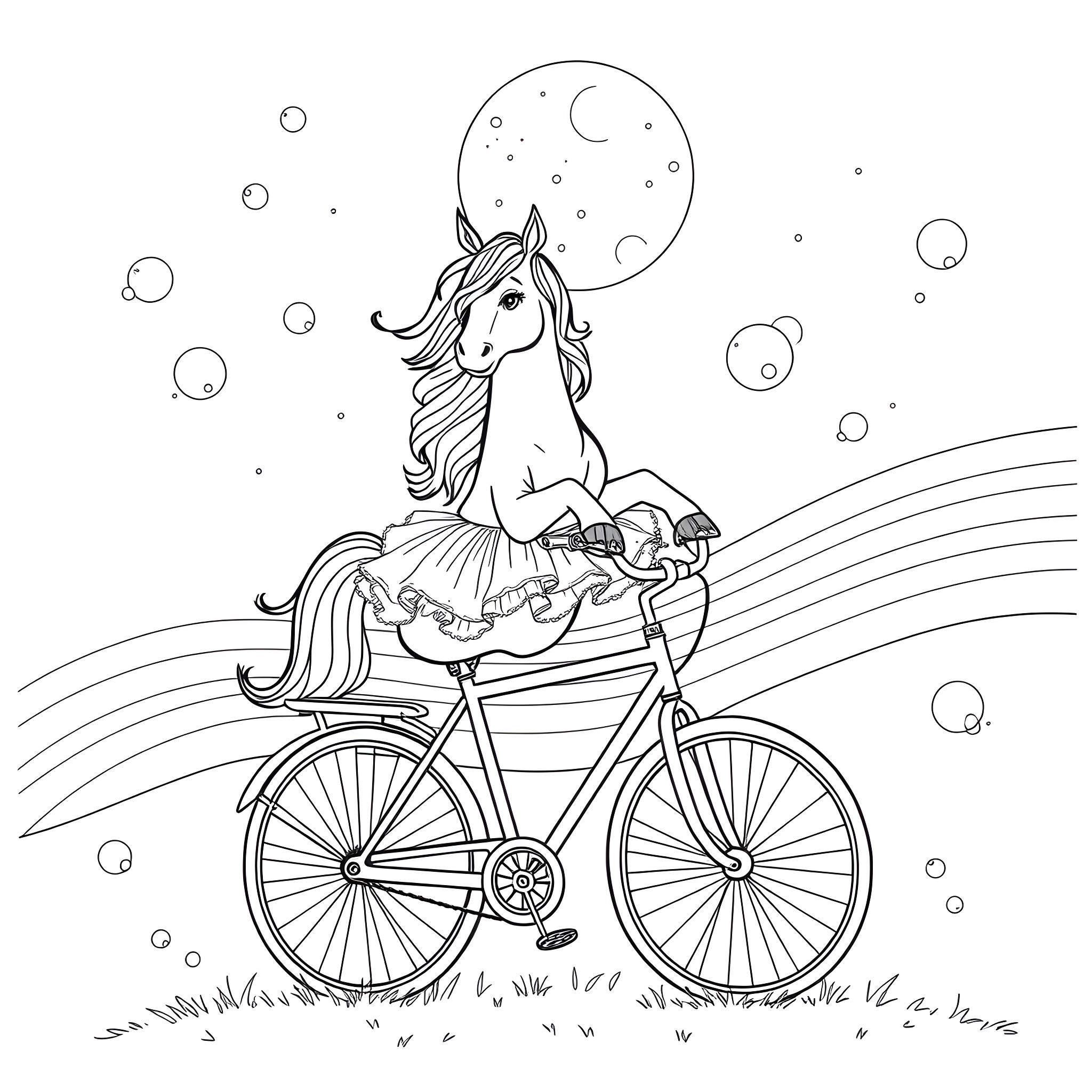 Horse riding a bicycle under the moonlight Coloring Page (free black-and-white line drawing printable PDF for all, from beginners to advanced learners, including children, teens, adults, and seniors)