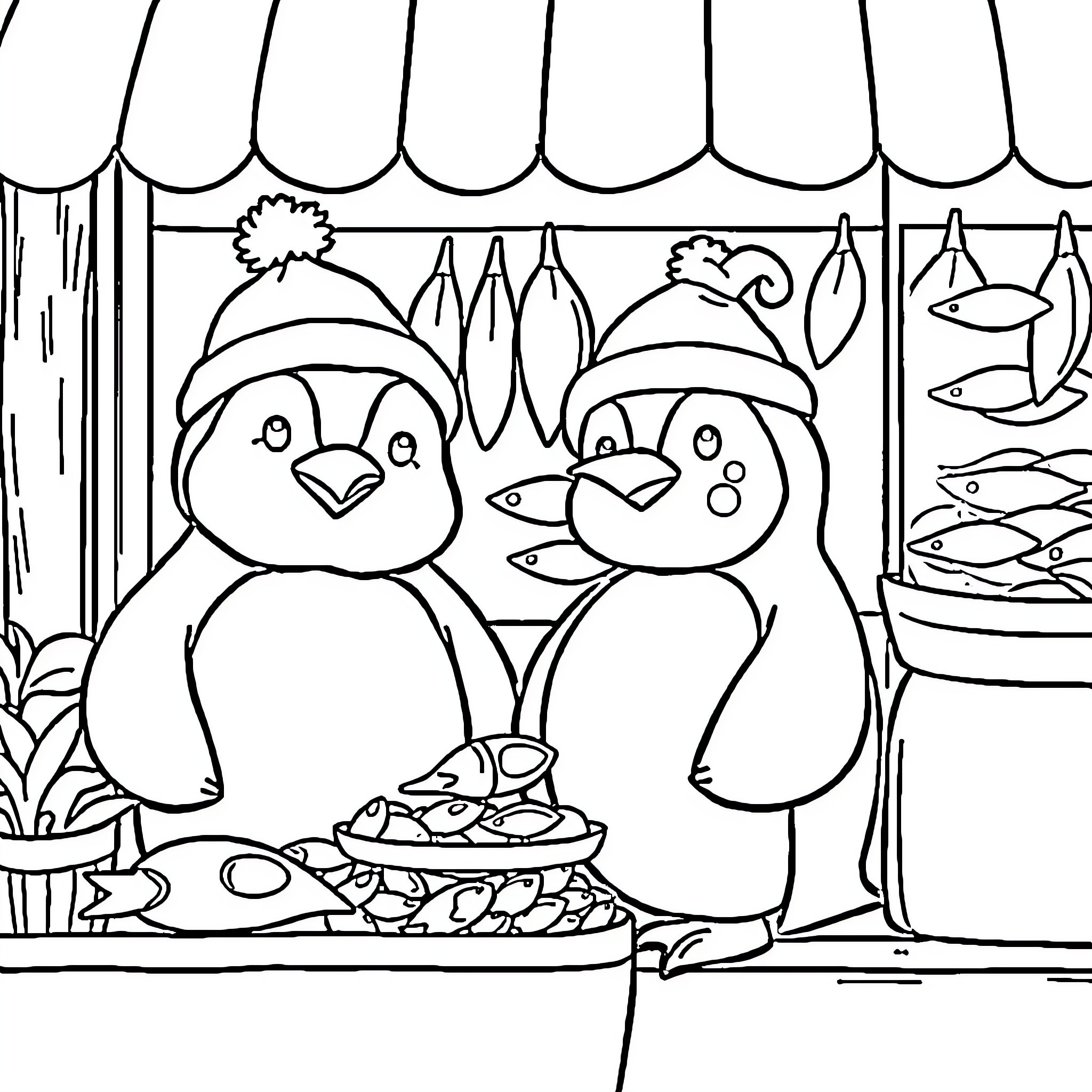 Penguin friends enjoying a cozy indoor setting Coloring Page (free black-and-white line drawing printable PDF for all, from beginners to advanced learners, including children, teens, adults, and seniors)