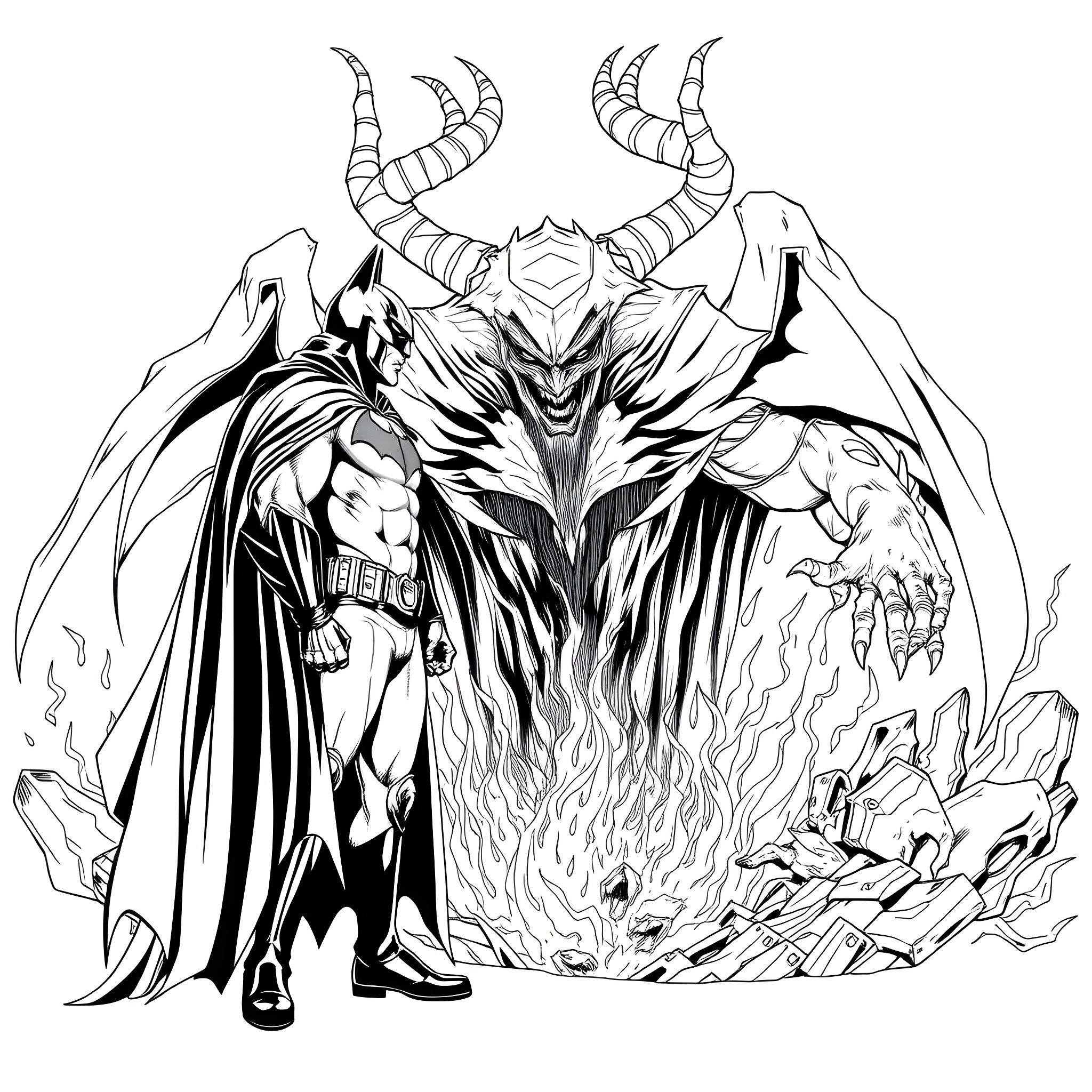 Batman confronting an imposing demonic figure Coloring Page (free black-and-white line drawing printable PDF for all, from beginners to advanced learners, including children, teens, adults, and seniors)