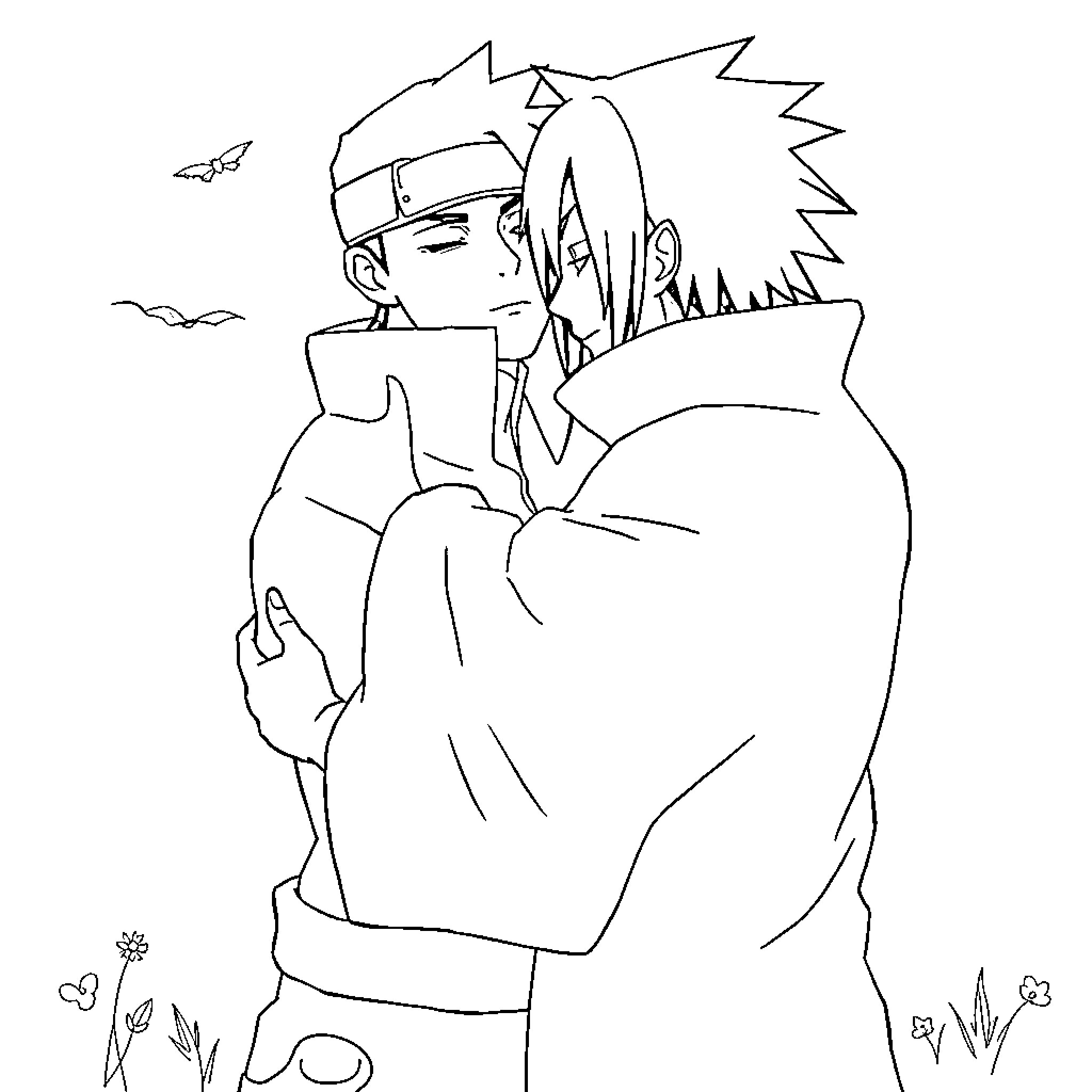 Sasuke and Sakura's intimate embrace in nature Coloring Page (free black-and-white line drawing printable PDF for all, from beginners to advanced learners, including children, teens, adults, and seniors)