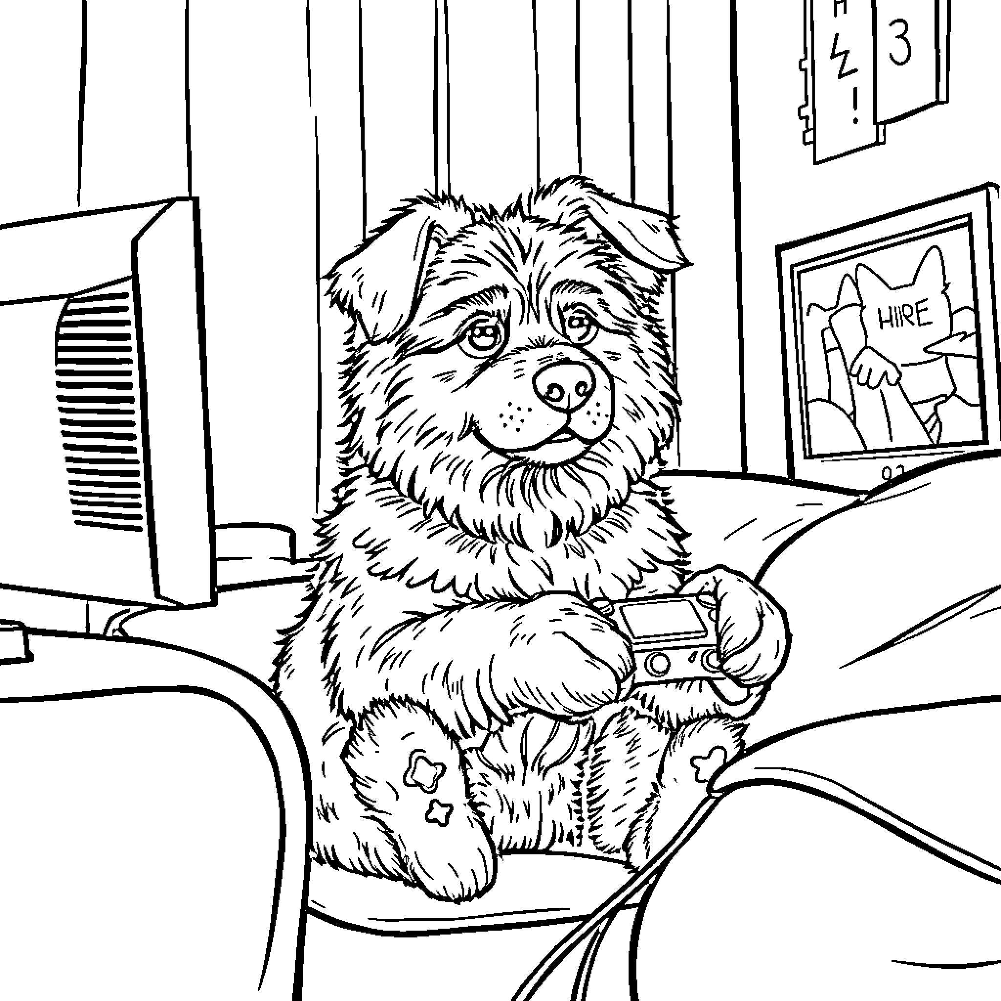 Dog playing with video game controller in office Coloring Page (free black-and-white line drawing printable PDF for all, from beginners to advanced learners, including children, teens, adults, and seniors)