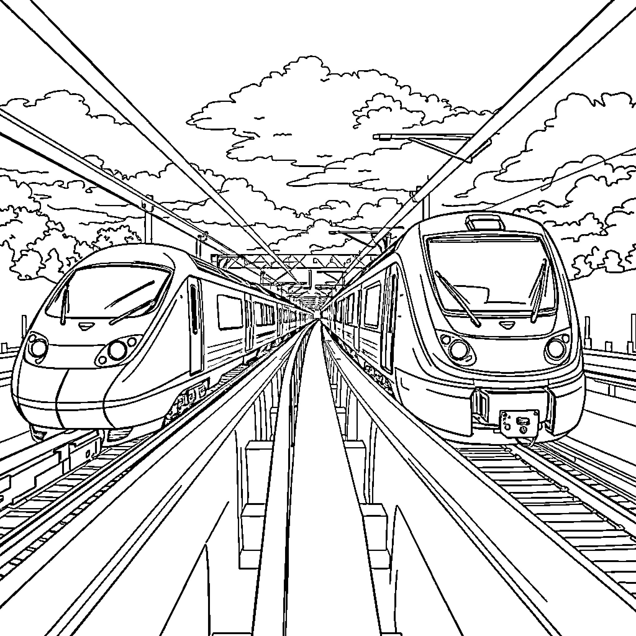 Train Traveling on Railway Through Cloudy Sky Coloring Page (free black-and-white line drawing printable PDF for all, from beginners to advanced learners, including children, teens, adults, and seniors)
