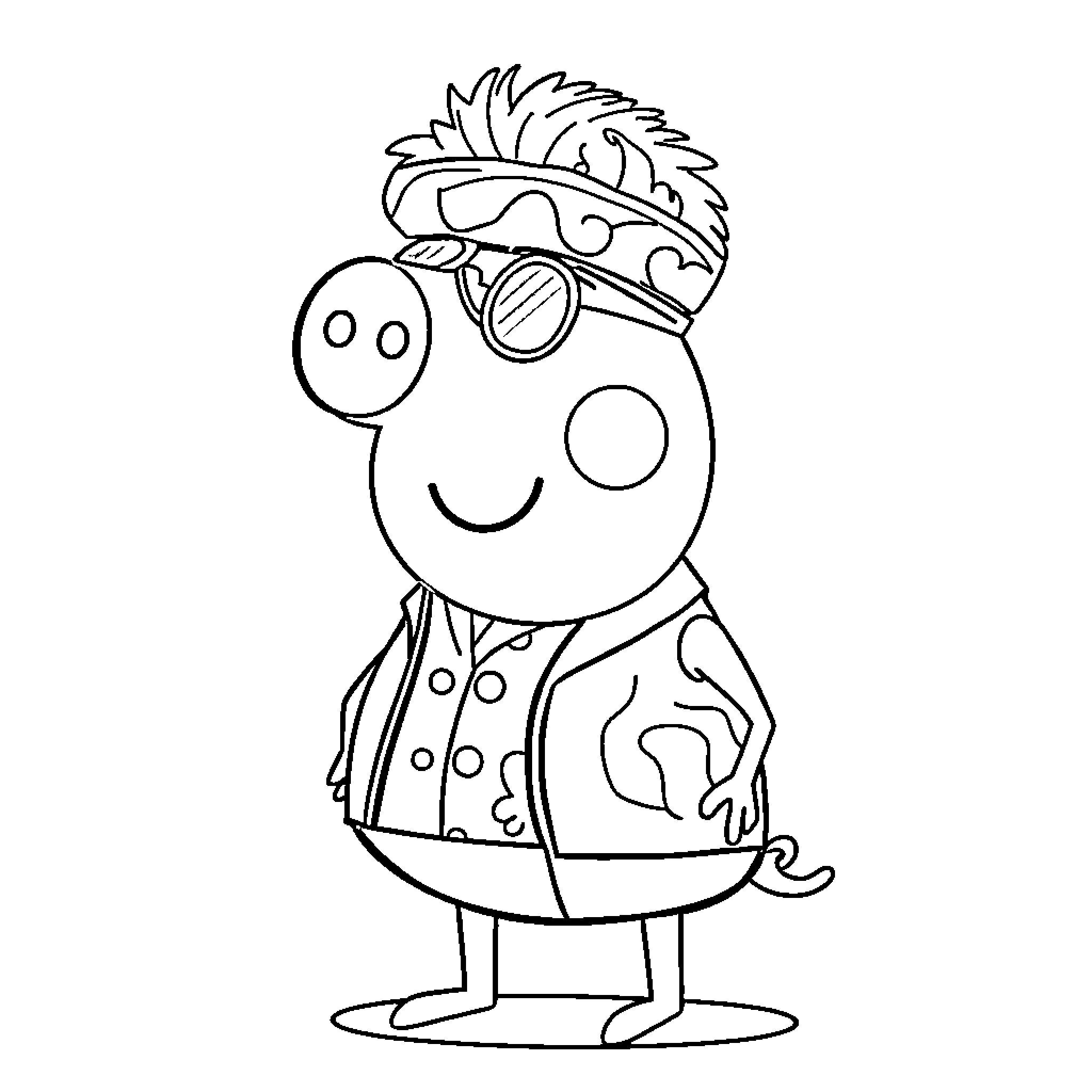 Peppa Pig in a fun, silly outfit Coloring Page (free black-and-white line drawing printable PDF for all, from beginners to advanced learners, including children, teens, adults, and seniors)