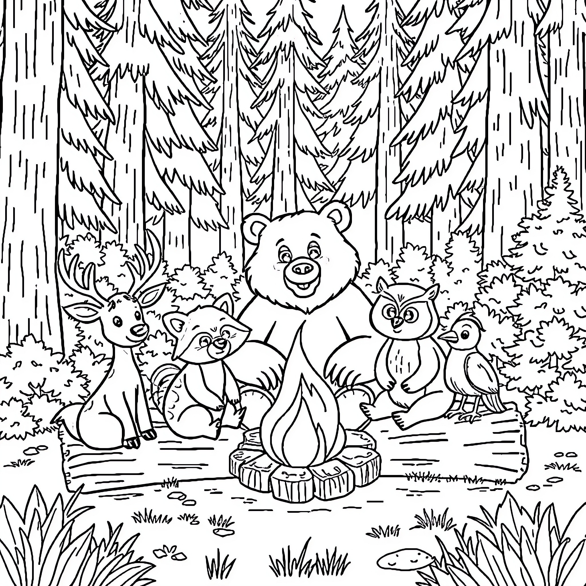 Forest Animals Enjoying Campfire Gathering Coloring Page (free black-and-white line drawing printable PDF for all, from beginners to advanced learners, including children, teens, adults, and seniors)