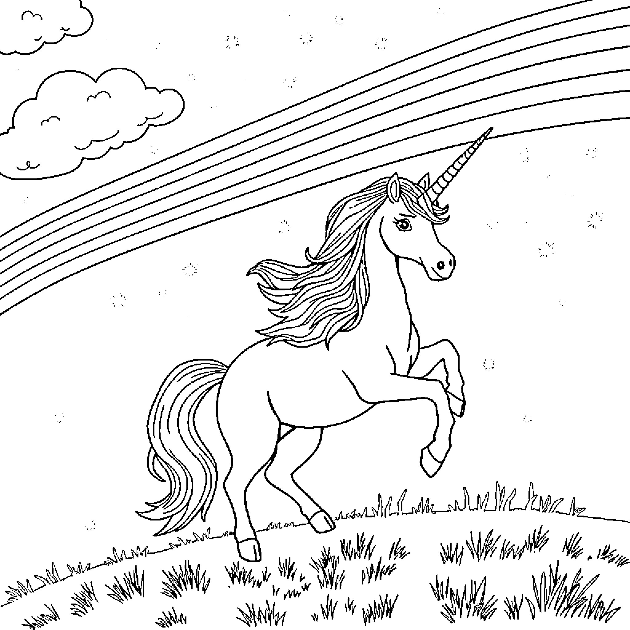 Unicorn trotting through a magical landscape Coloring Page (free black-and-white line drawing printable PDF for all, from beginners to advanced learners, including children, teens, adults, and seniors)
