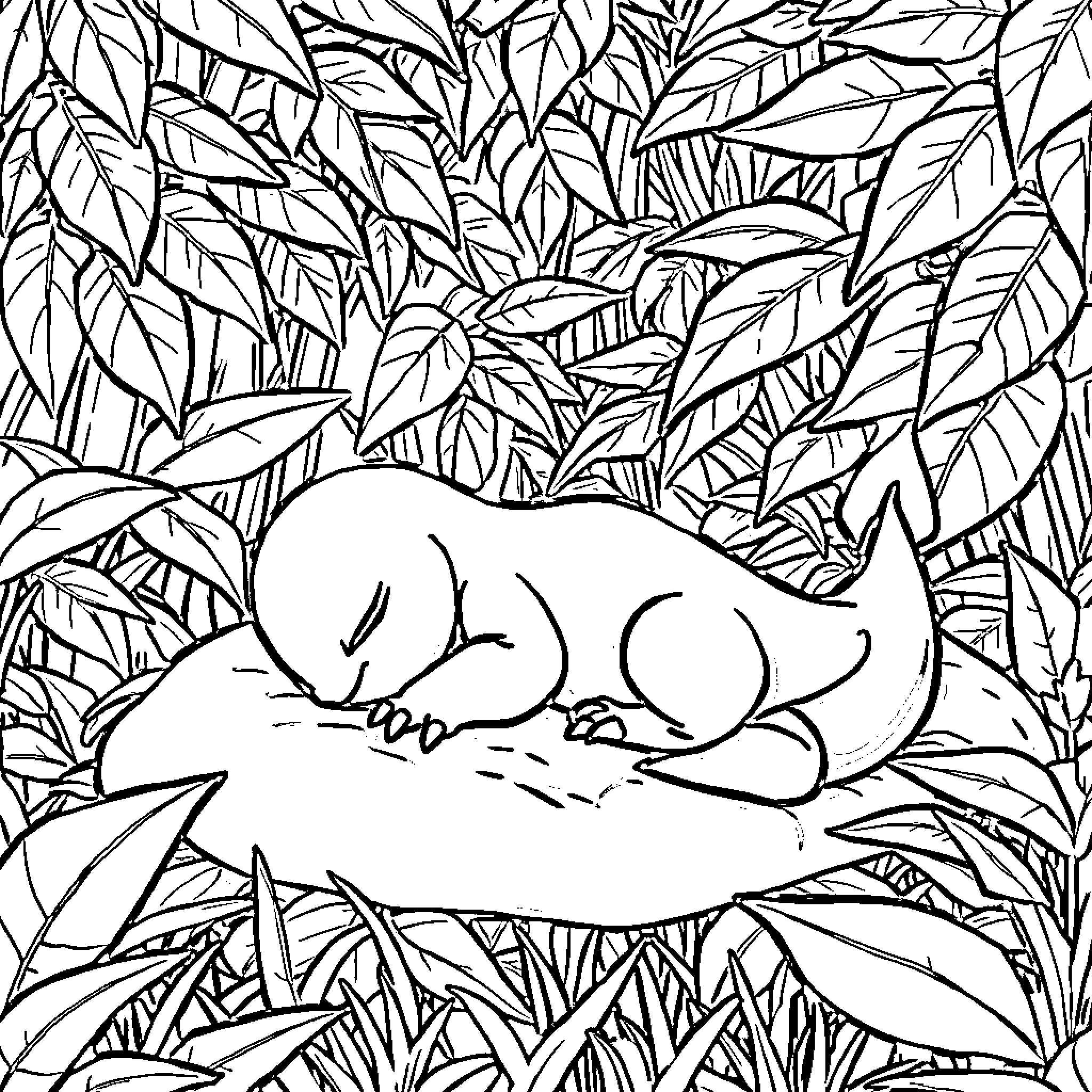 Charmander sleeping peacefully in the jungle Coloring Page (free black-and-white line drawing printable PDF for all, from beginners to advanced learners, including children, teens, adults, and seniors)