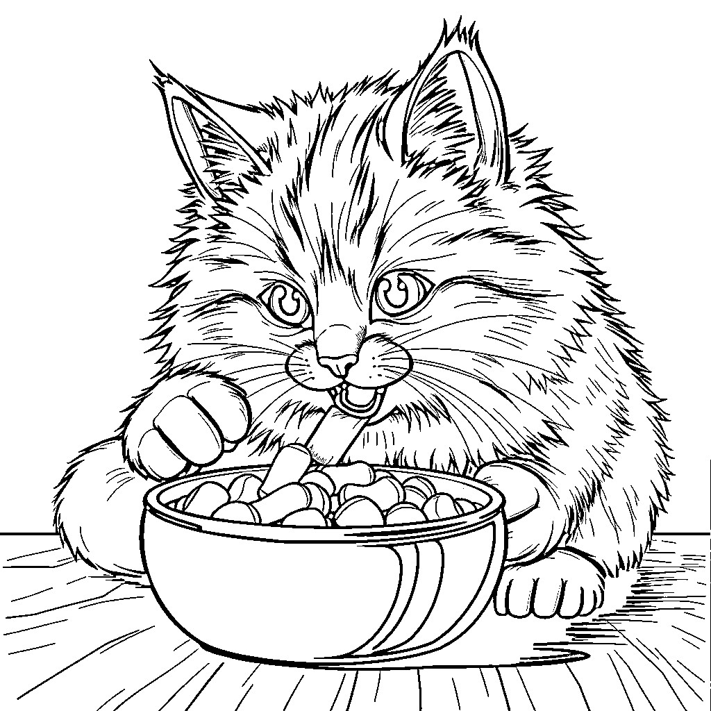 Cat enjoying a bowl of treats Coloring Page (free black-and-white line drawing printable PDF for all, from beginners to advanced learners, including children, teens, adults, and seniors)