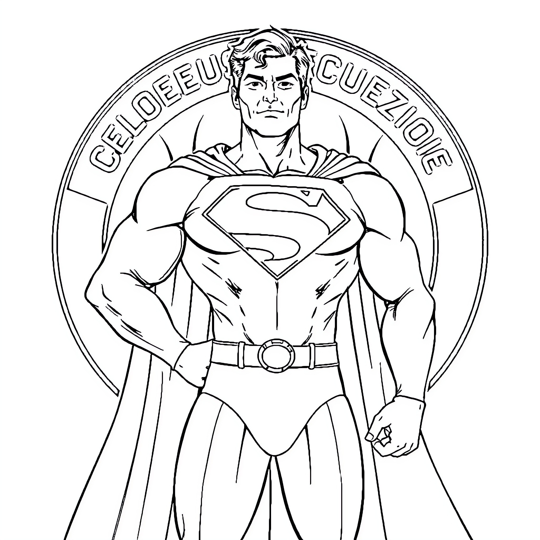 Superman heroic figure in action stance Coloring Page (free black-and-white line drawing printable PDF for all, from beginners to advanced learners, including children, teens, adults, and seniors)