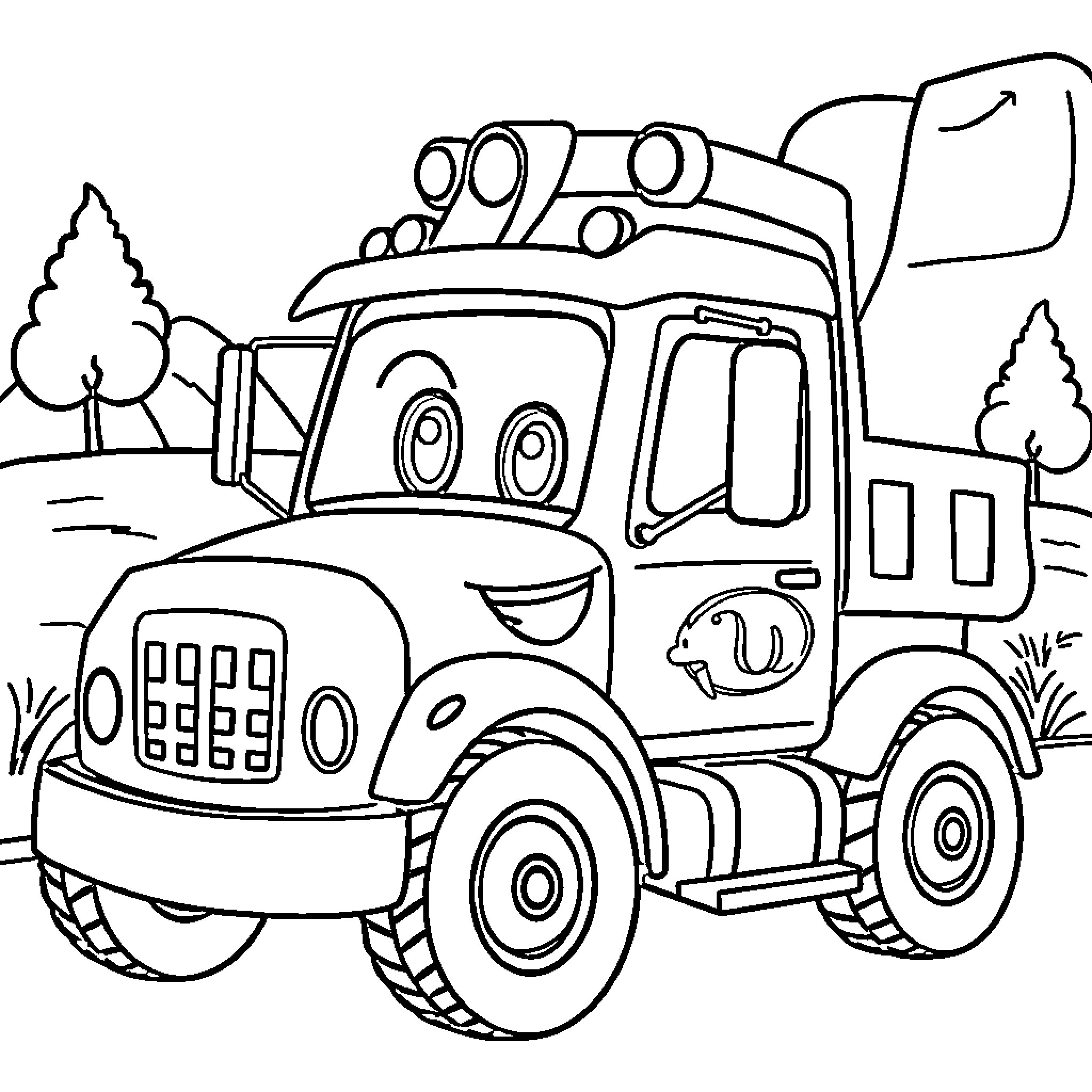 Leo's Happy Truck Adventure in the Outdoors Coloring Page (free black-and-white line drawing printable PDF for all, from beginners to advanced learners, including children, teens, adults, and seniors)