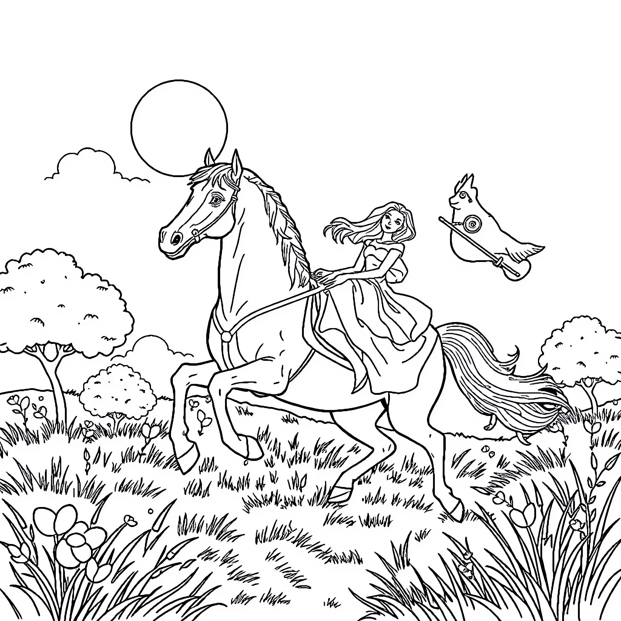 Horse Rider Exploring Enchanted Landscape Coloring Page (free black-and-white line drawing printable PDF for all, from beginners to advanced learners, including children, teens, adults, and seniors)