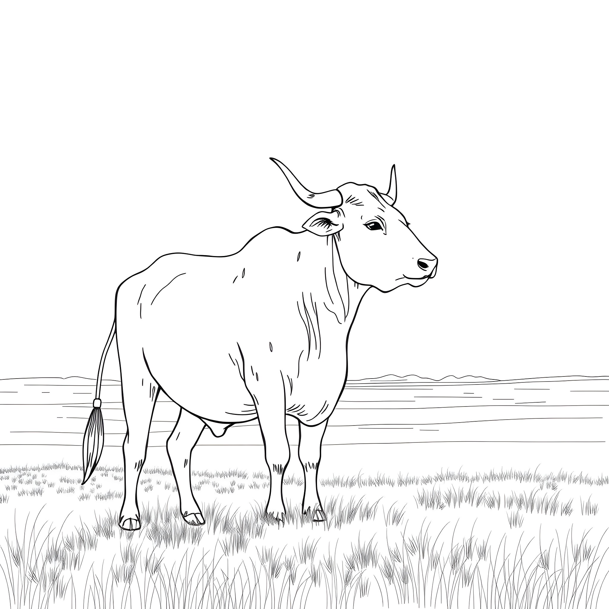 Ox standing calmly in the field Coloring Page (free black-and-white line drawing printable PDF for all, from beginners to advanced learners, including children, teens, adults, and seniors)