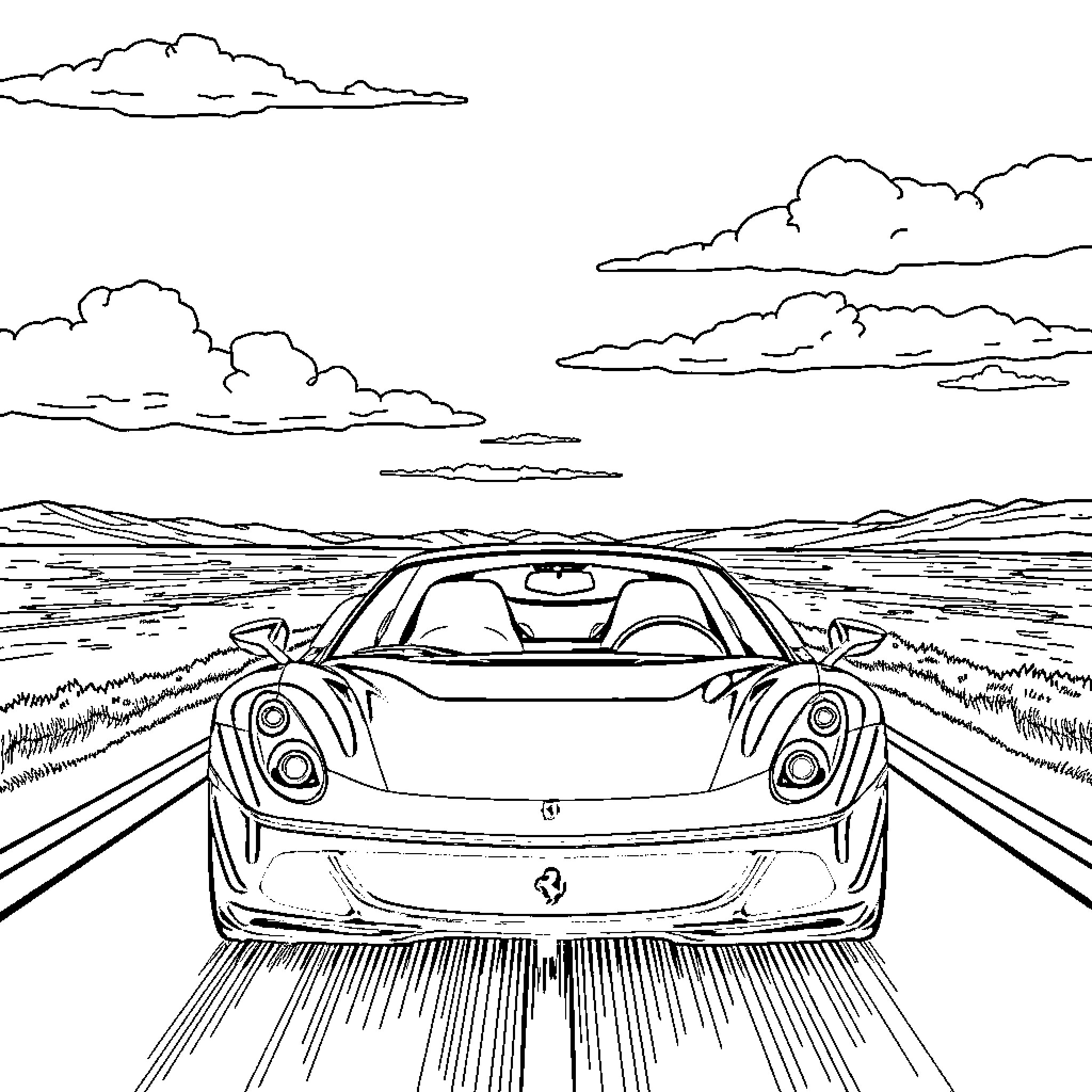 Ferrari speeding through scenic countryside Coloring Page (free black-and-white line drawing printable PDF for all, from beginners to advanced learners, including children, teens, adults, and seniors)