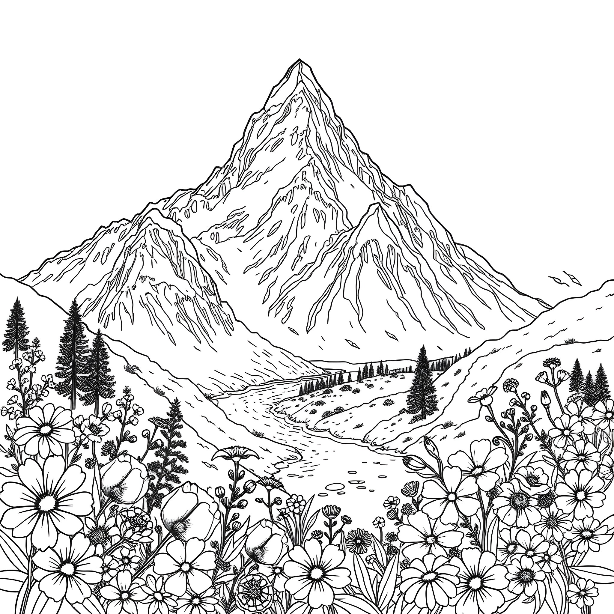 Mountain Landscape with Wildflowers and Trail Coloring Page (free black-and-white line drawing printable PDF for all, from beginners to advanced learners, including children, teens, adults, and seniors)