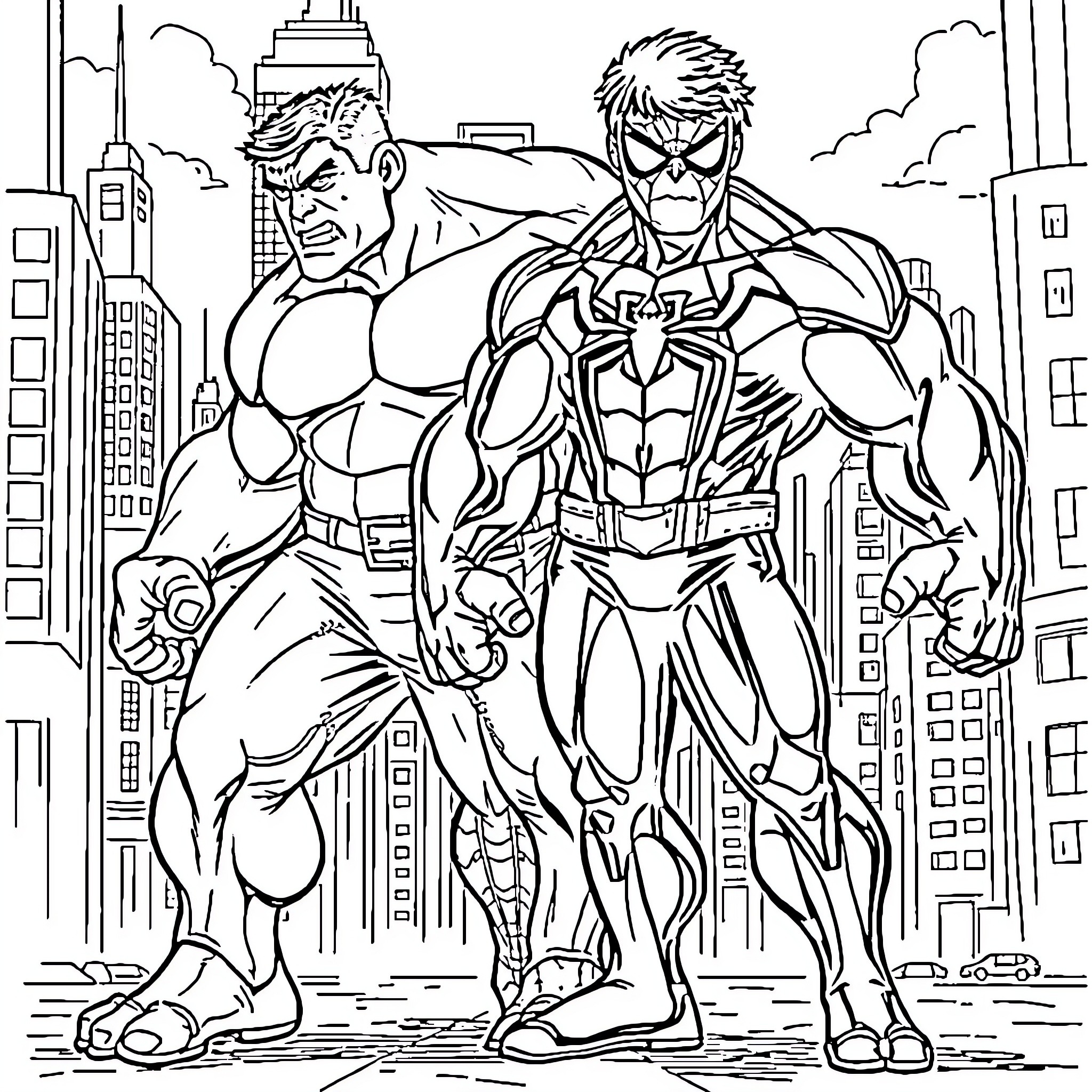 Hulk and Spider-Man heroic duo in the city Coloring Page (free black-and-white line drawing printable PDF for all, from beginners to advanced learners, including children, teens, adults, and seniors)