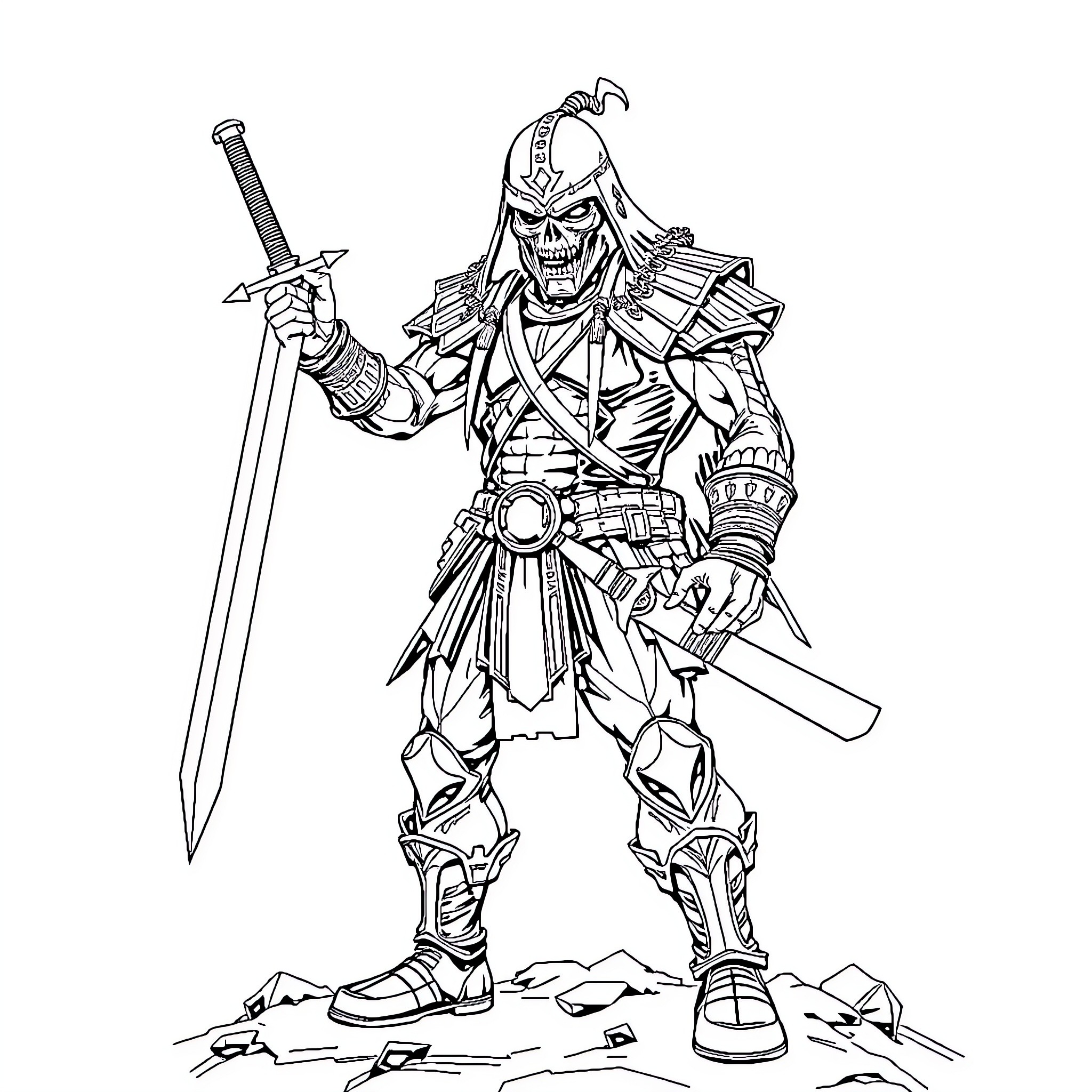 Eddie the Fierce Warrior with Sword and Armor Coloring Page (free black-and-white line drawing printable PDF for all, from beginners to advanced learners, including children, teens, adults, and seniors)