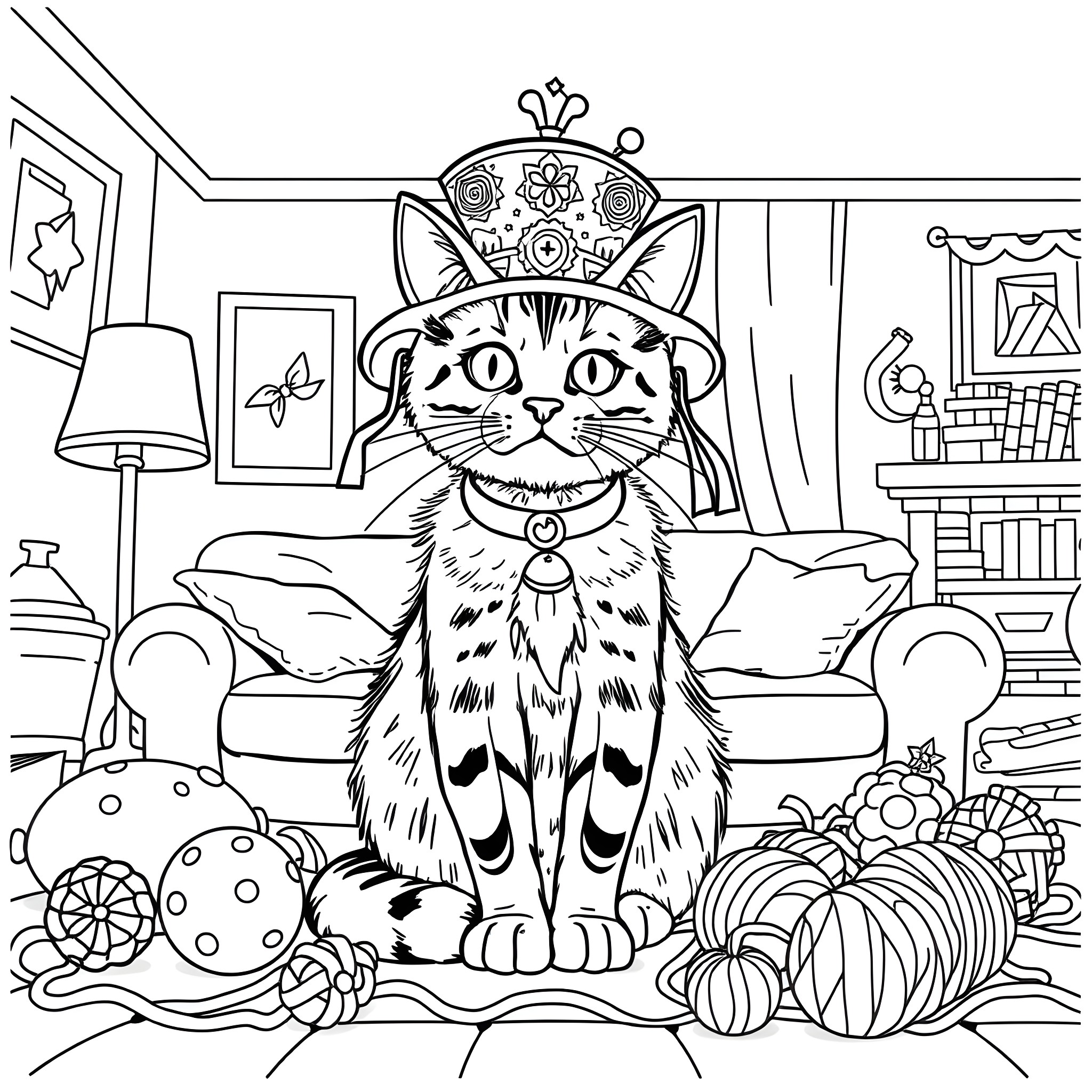 Cat in a crown on a couch with fall decorations Coloring Page (free black-and-white line drawing printable PDF for all, from beginners to advanced learners, including children, teens, adults, and seniors)