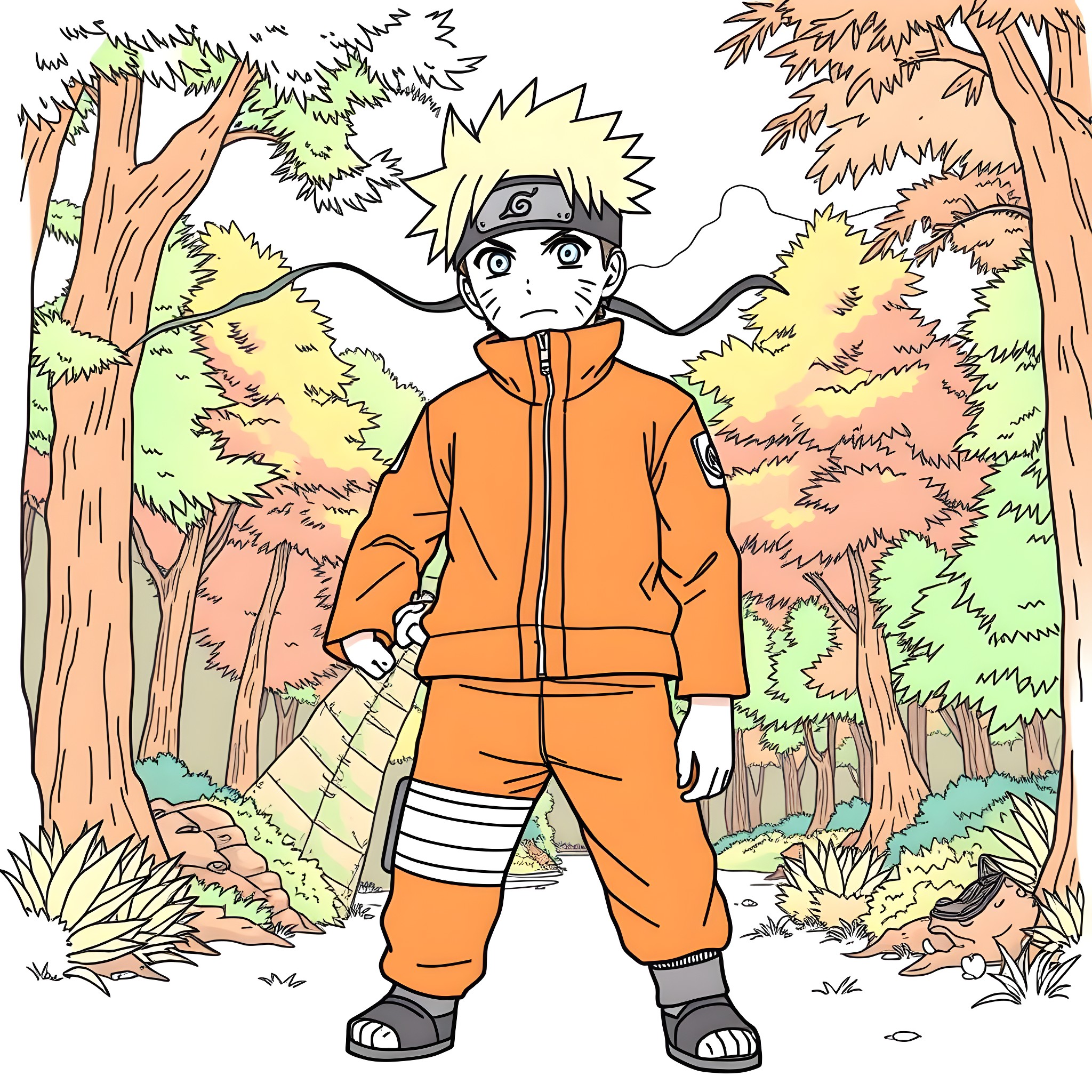 Naruto in the Ninja Forest Coloring Page (free black-and-white line drawing printable PDF for all, from beginners to advanced learners, including children, teens, adults, and seniors)