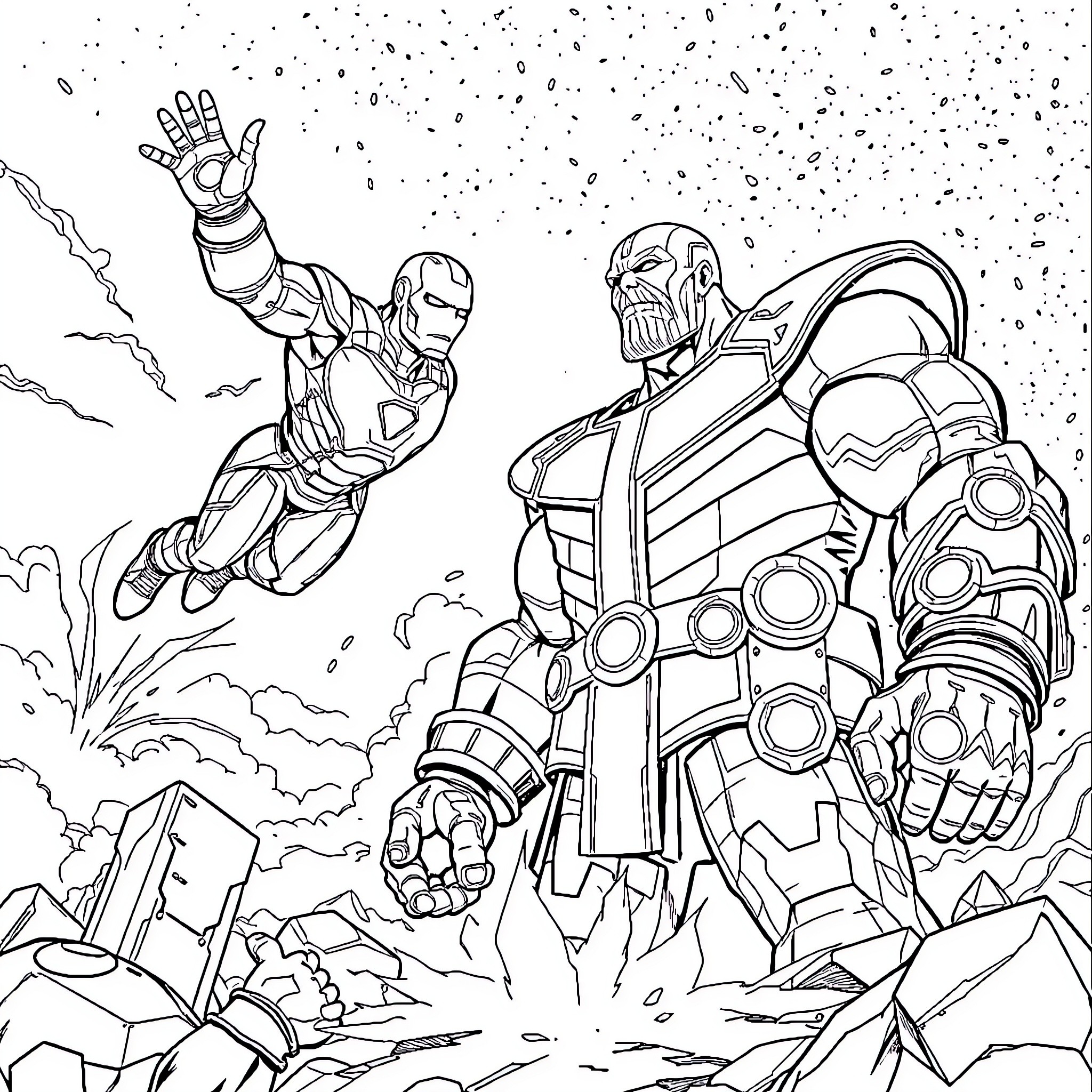 Iron Man confronting Thanos in an epic battle Coloring Page (free black-and-white line drawing printable PDF for all, from beginners to advanced learners, including children, teens, adults, and seniors)