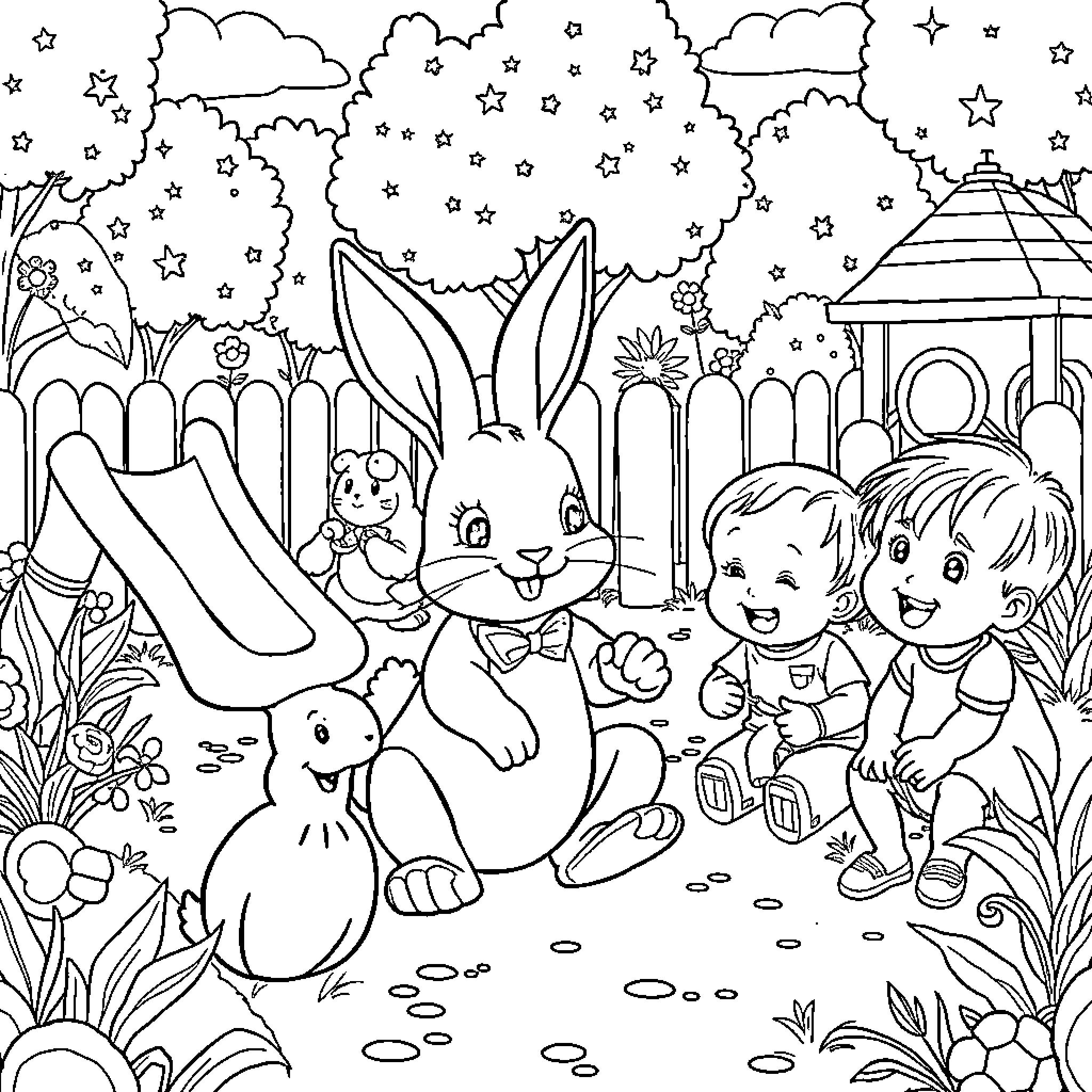 Rabbit and children playing in the garden Coloring Page (free black-and-white line drawing printable PDF for all, from beginners to advanced learners, including children, teens, adults, and seniors)
