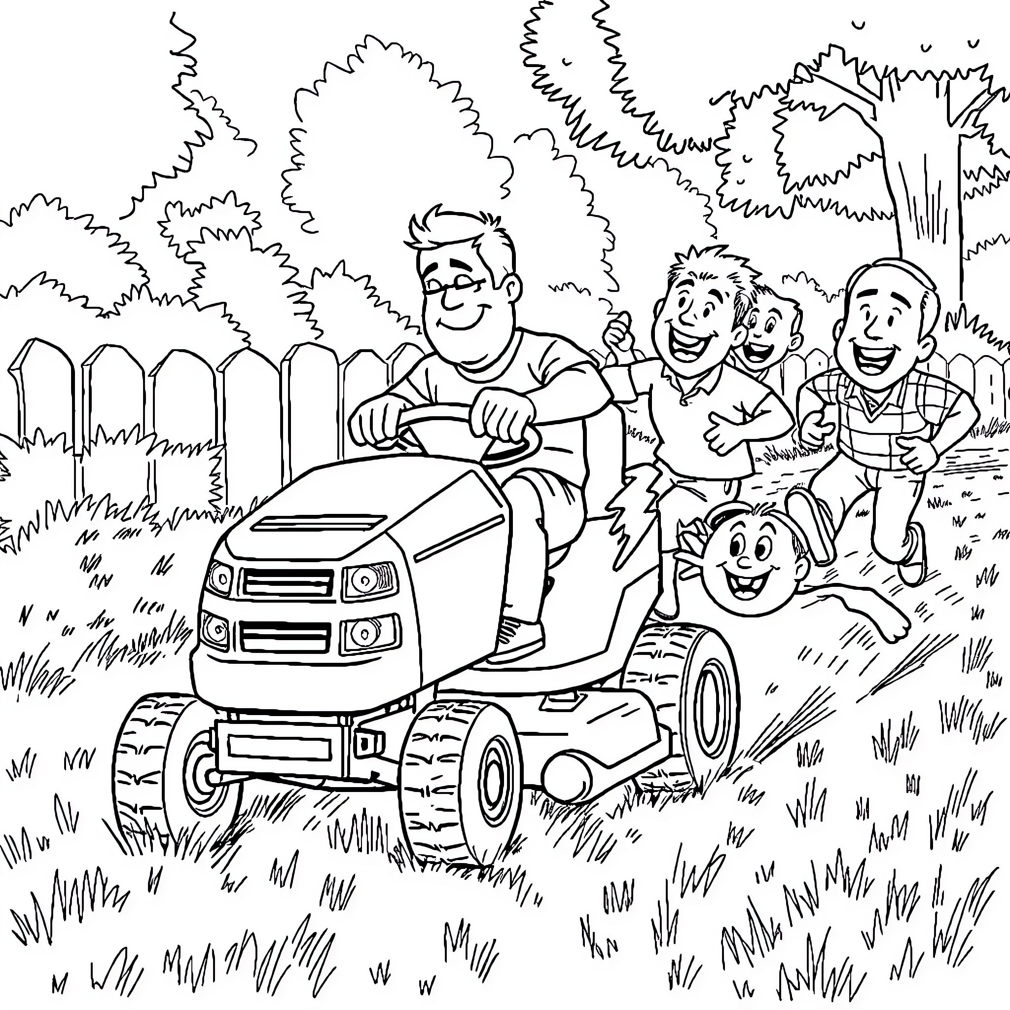 Hank and his family enjoying a lawn mowing day Coloring Page (free black-and-white line drawing printable PDF for all, from beginners to advanced learners, including children, teens, adults, and seniors)