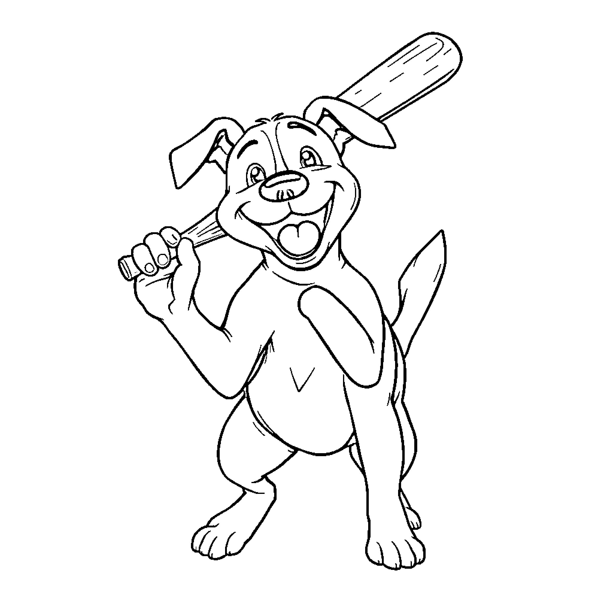 Dog playing with baseball bat happily Coloring Page (free black-and-white line drawing printable PDF for all, from beginners to advanced learners, including children, teens, adults, and seniors)