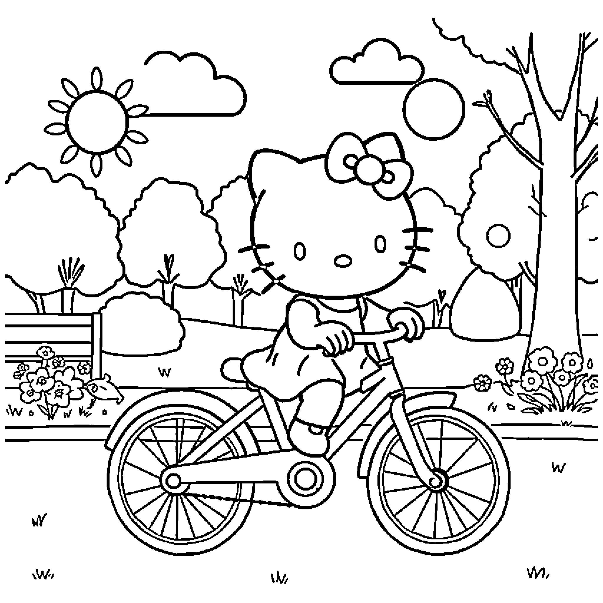 Hello Kitty riding a bicycle in a scenic park Coloring Page (free black-and-white line drawing printable PDF for all, from beginners to advanced learners, including children, teens, adults, and seniors)
