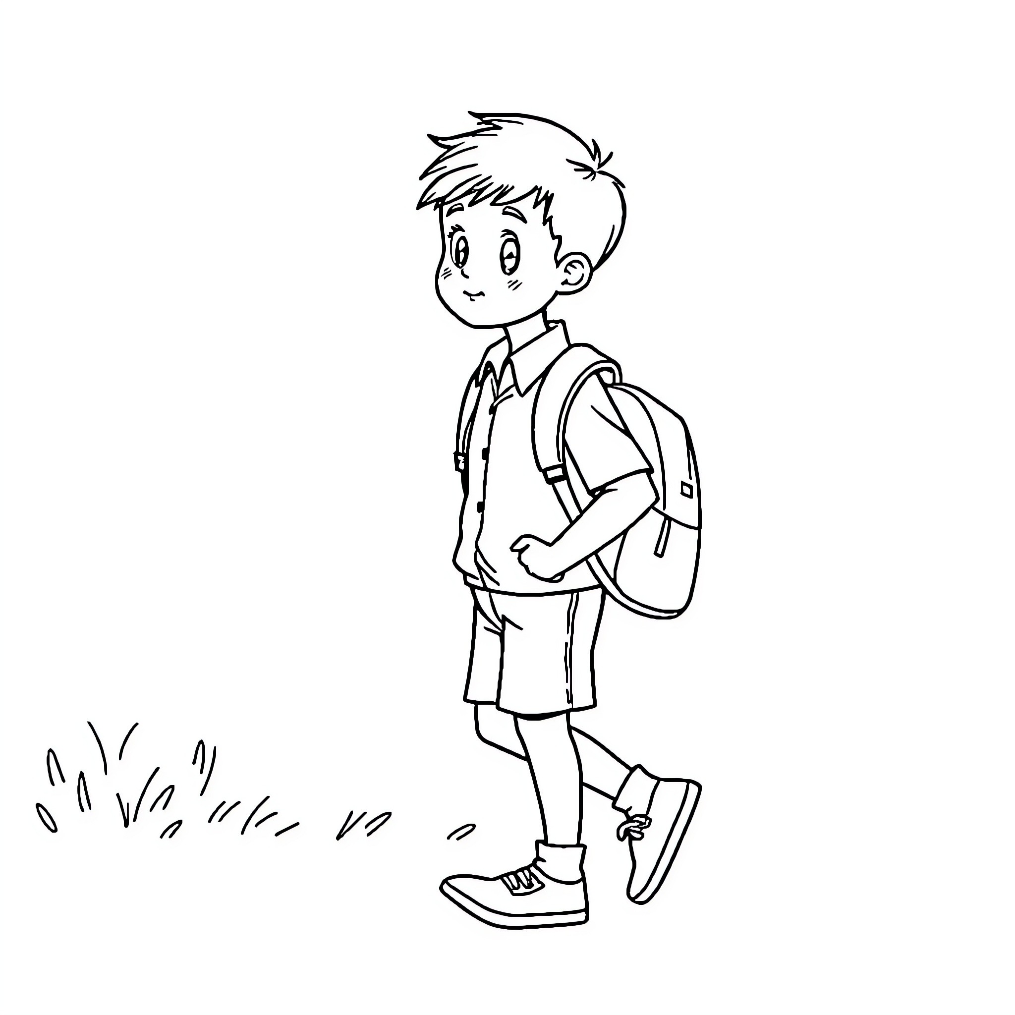 Boy walking to school with backpack Coloring Page (free black-and-white line drawing printable PDF for all, from beginners to advanced learners, including children, teens, adults, and seniors)