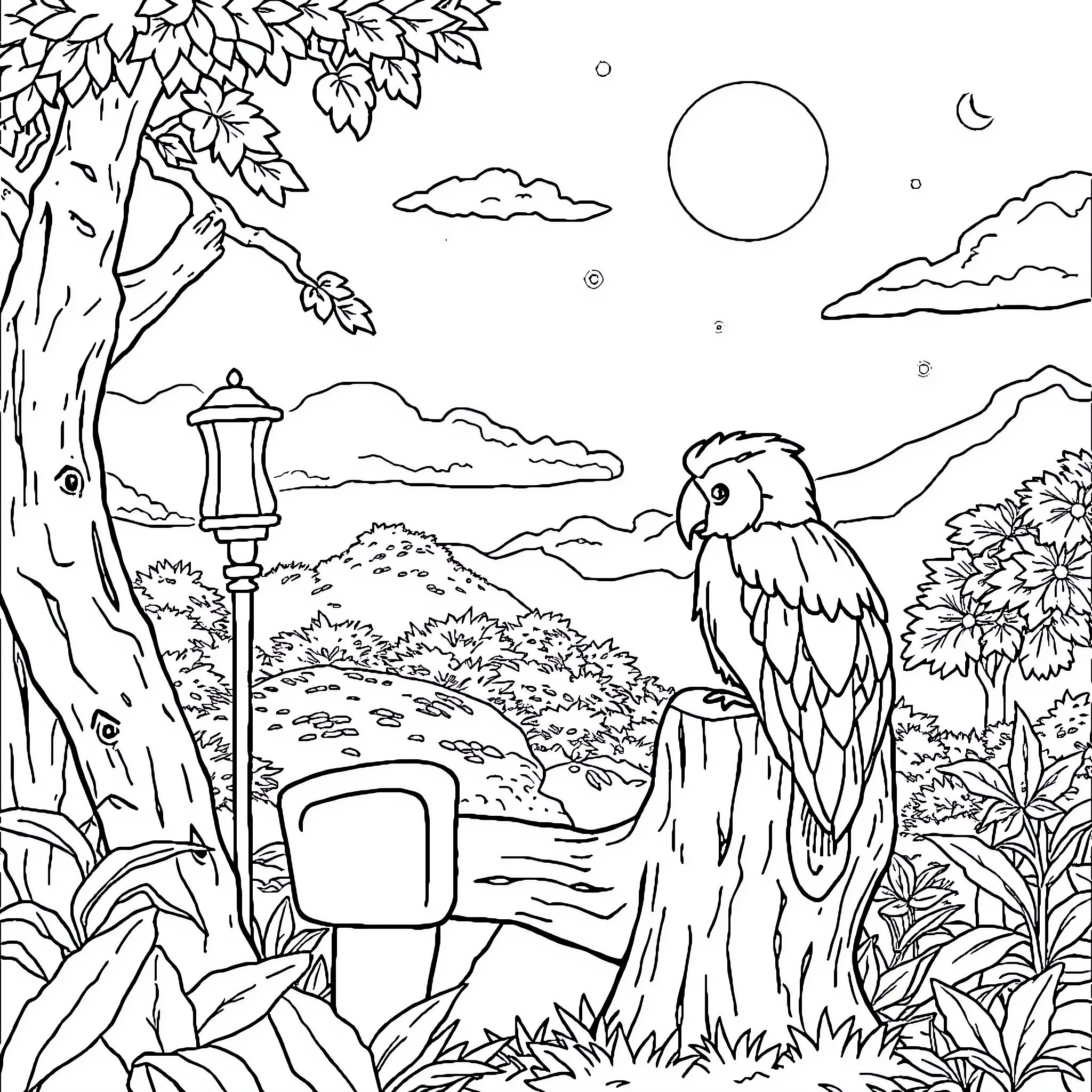Pemuda exploring the enchanting natural landscape Coloring Page (free black-and-white line drawing printable PDF for all, from beginners to advanced learners, including children, teens, adults, and seniors)
