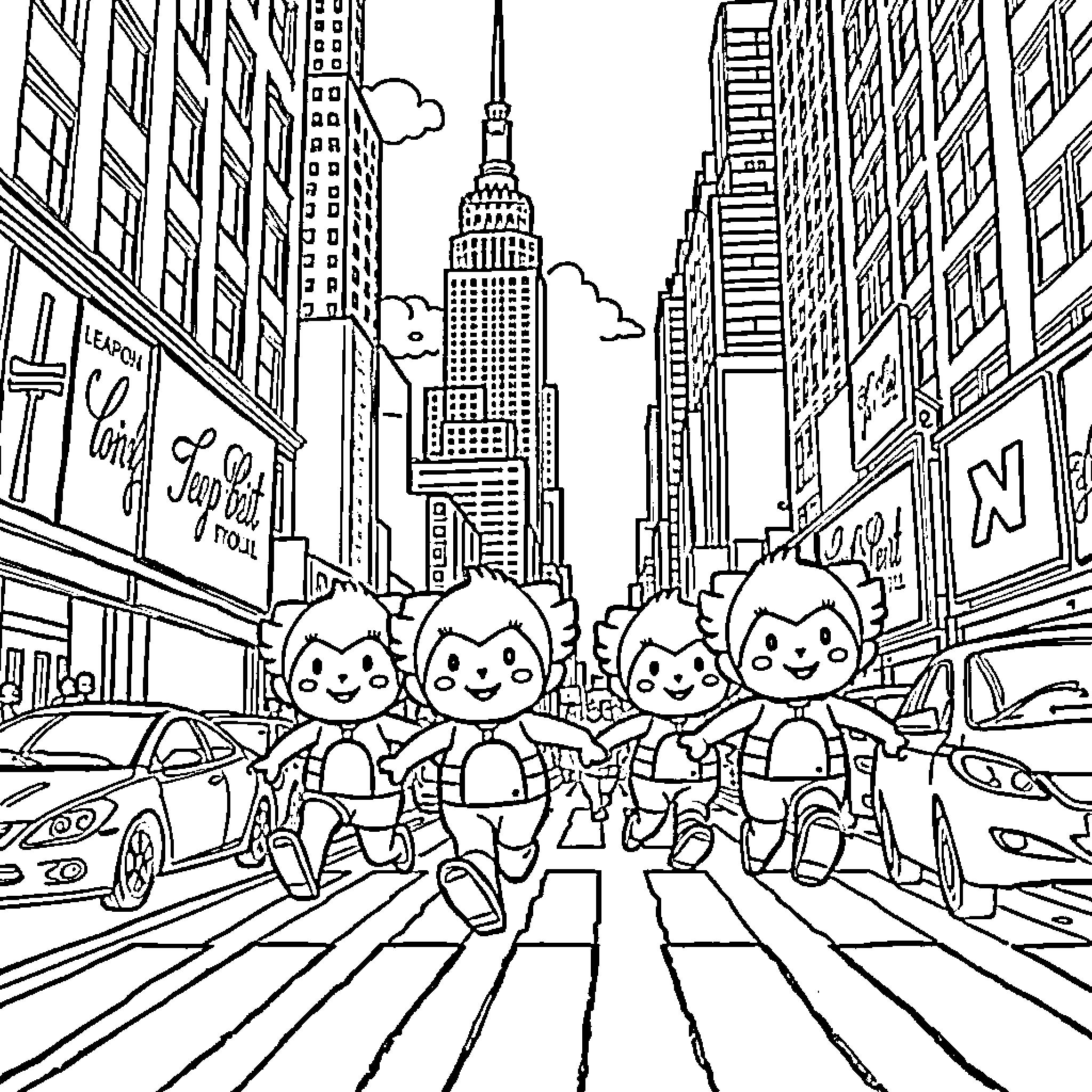 Labubu characters exploring busy city streets Coloring Page (free black-and-white line drawing printable PDF for all, from beginners to advanced learners, including children, teens, adults, and seniors)