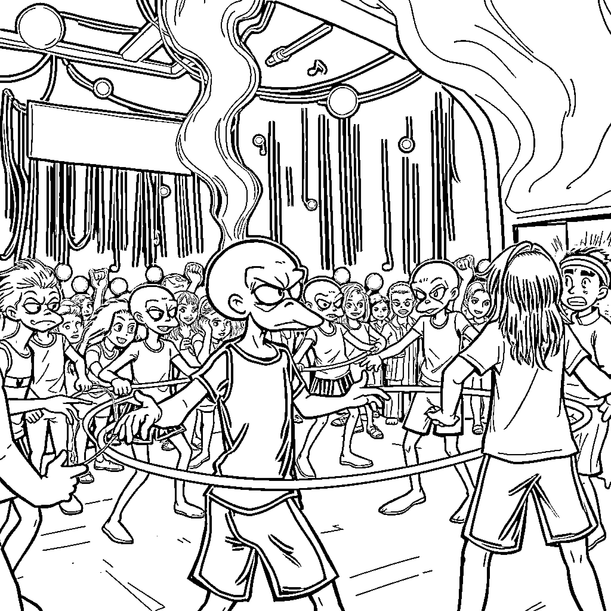 Squid Game Crowd in Action Poses and Costumes Coloring Page (free black-and-white line drawing printable PDF for all, from beginners to advanced learners, including children, teens, adults, and seniors)