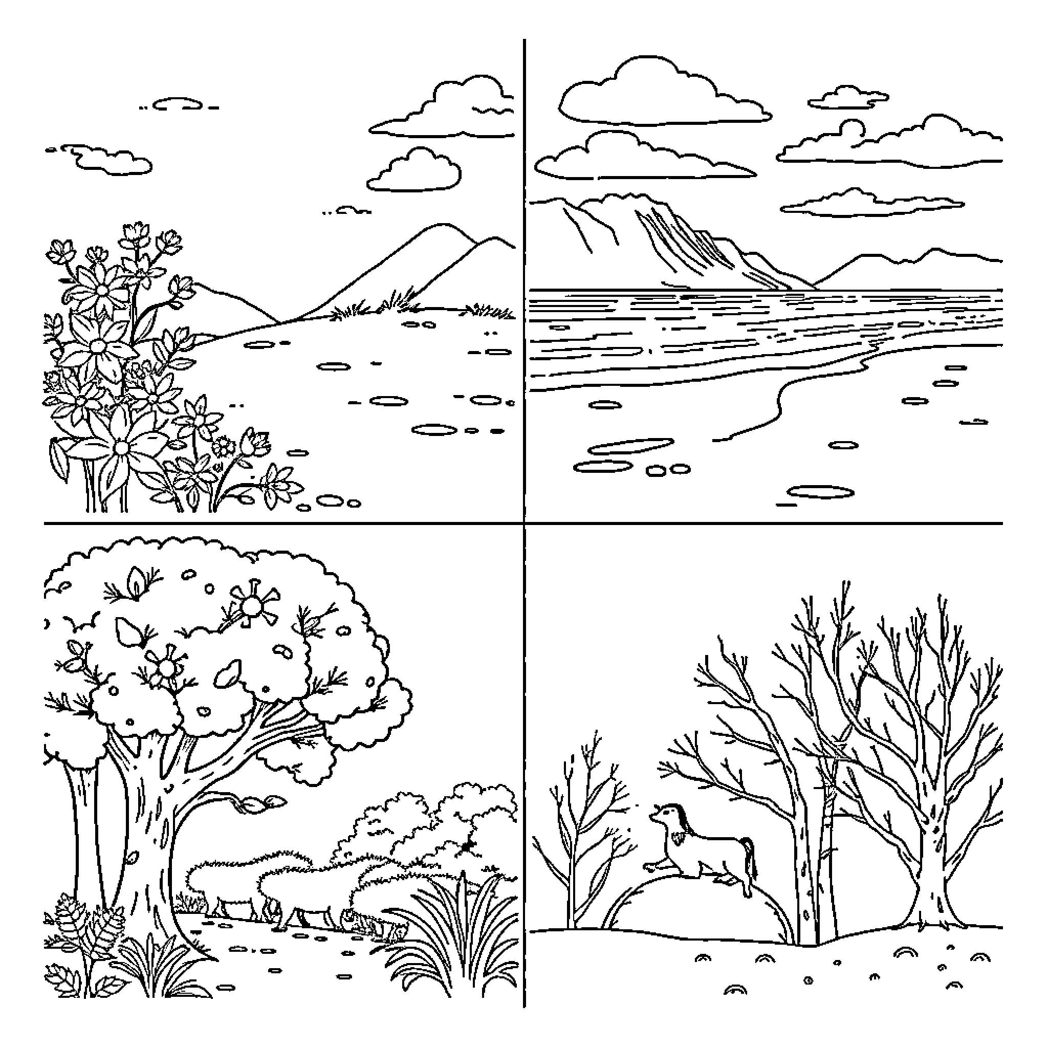 Seasons of Nature's Beauty Coloring Page (free black-and-white line drawing printable PDF for all, from beginners to advanced learners, including children, teens, adults, and seniors)