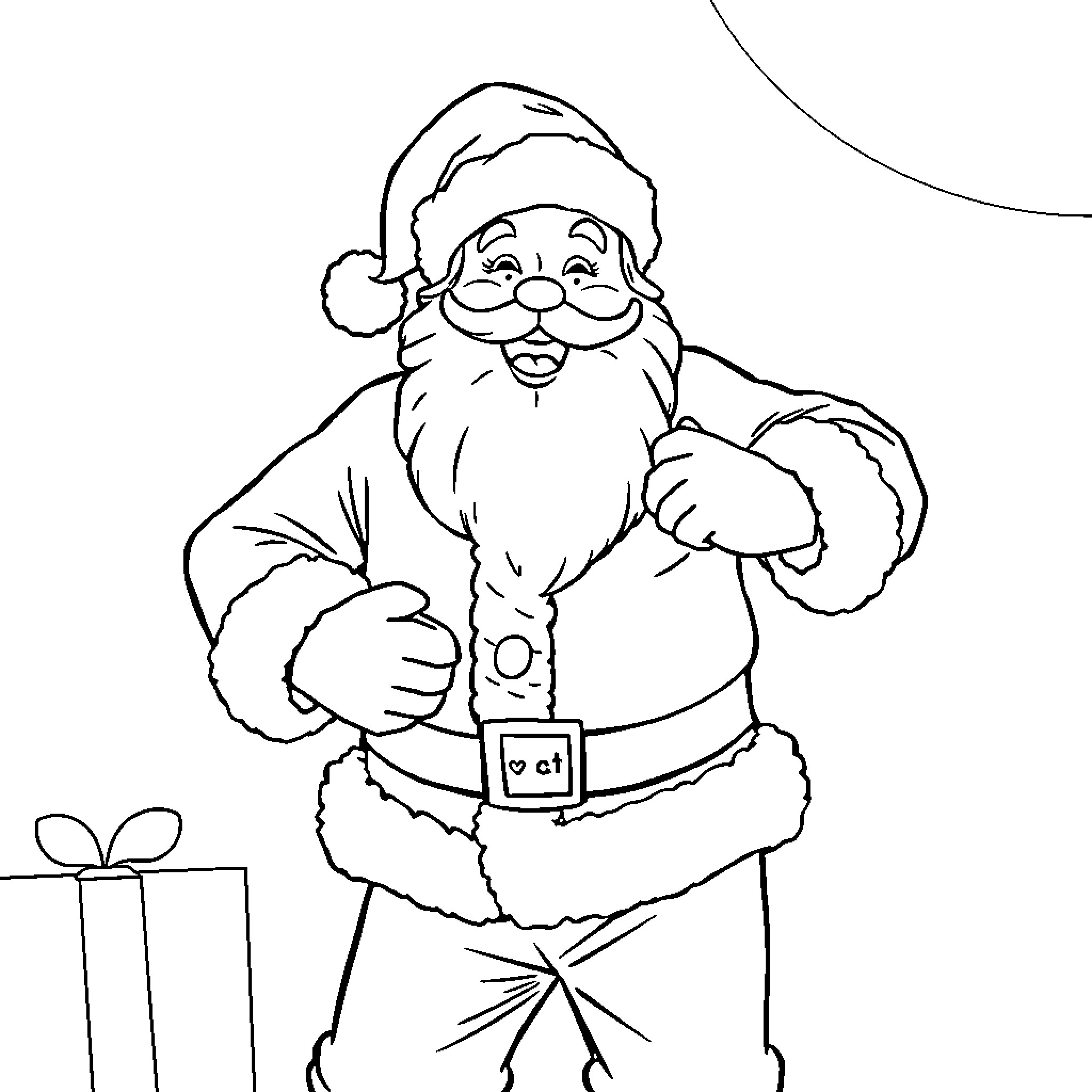Santa waving happily with a present Coloring Page (free black-and-white line drawing printable PDF for all, from beginners to advanced learners, including children, teens, adults, and seniors)
