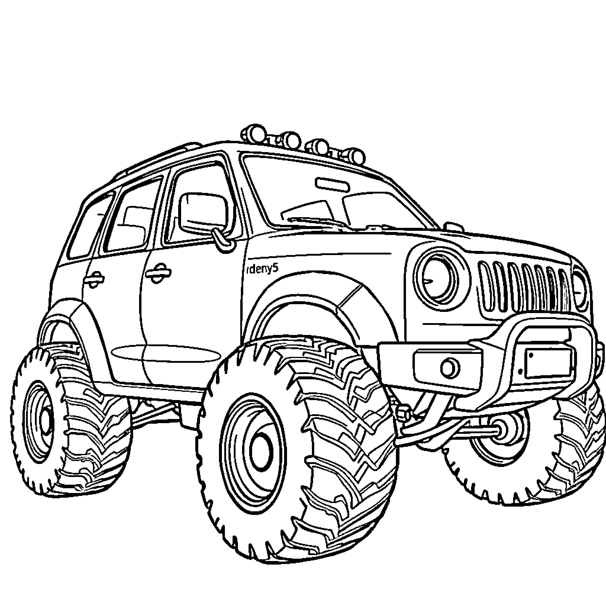 Car with large off-road tires and accessories Coloring Page (free black-and-white line drawing printable PDF for all, from beginners to advanced learners, including children, teens, adults, and seniors)