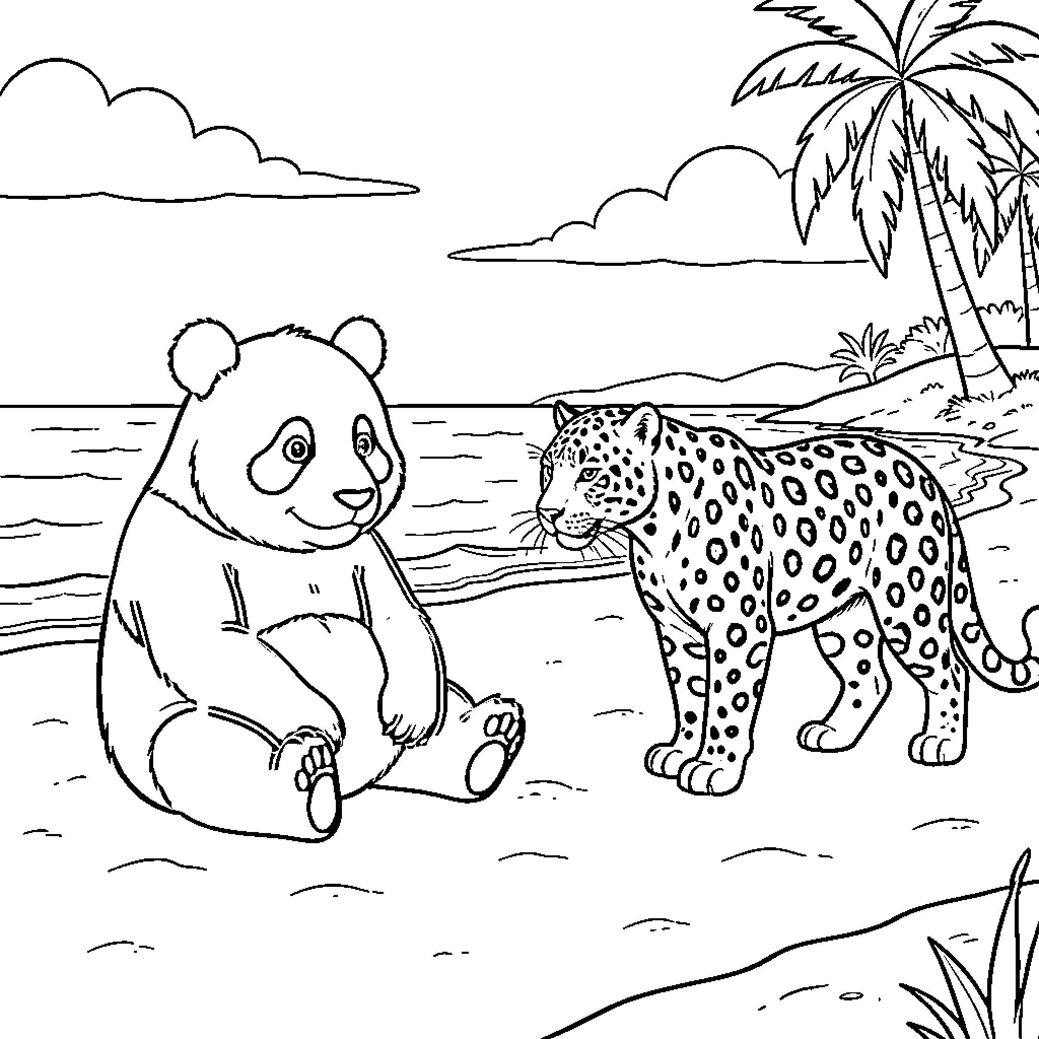 Panda sitting on the beach with a leopard Coloring Page (free black-and-white line drawing printable PDF for all, from beginners to advanced learners, including children, teens, adults, and seniors)